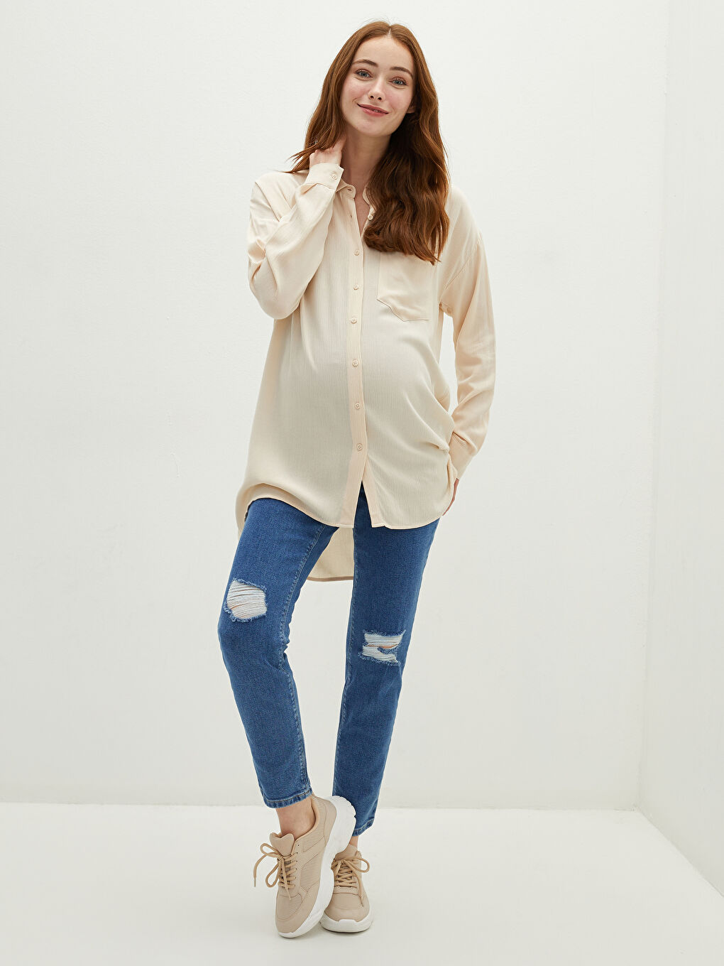 Tummy Paneled Slim Mom Ripped Detail Maternity Jeans
