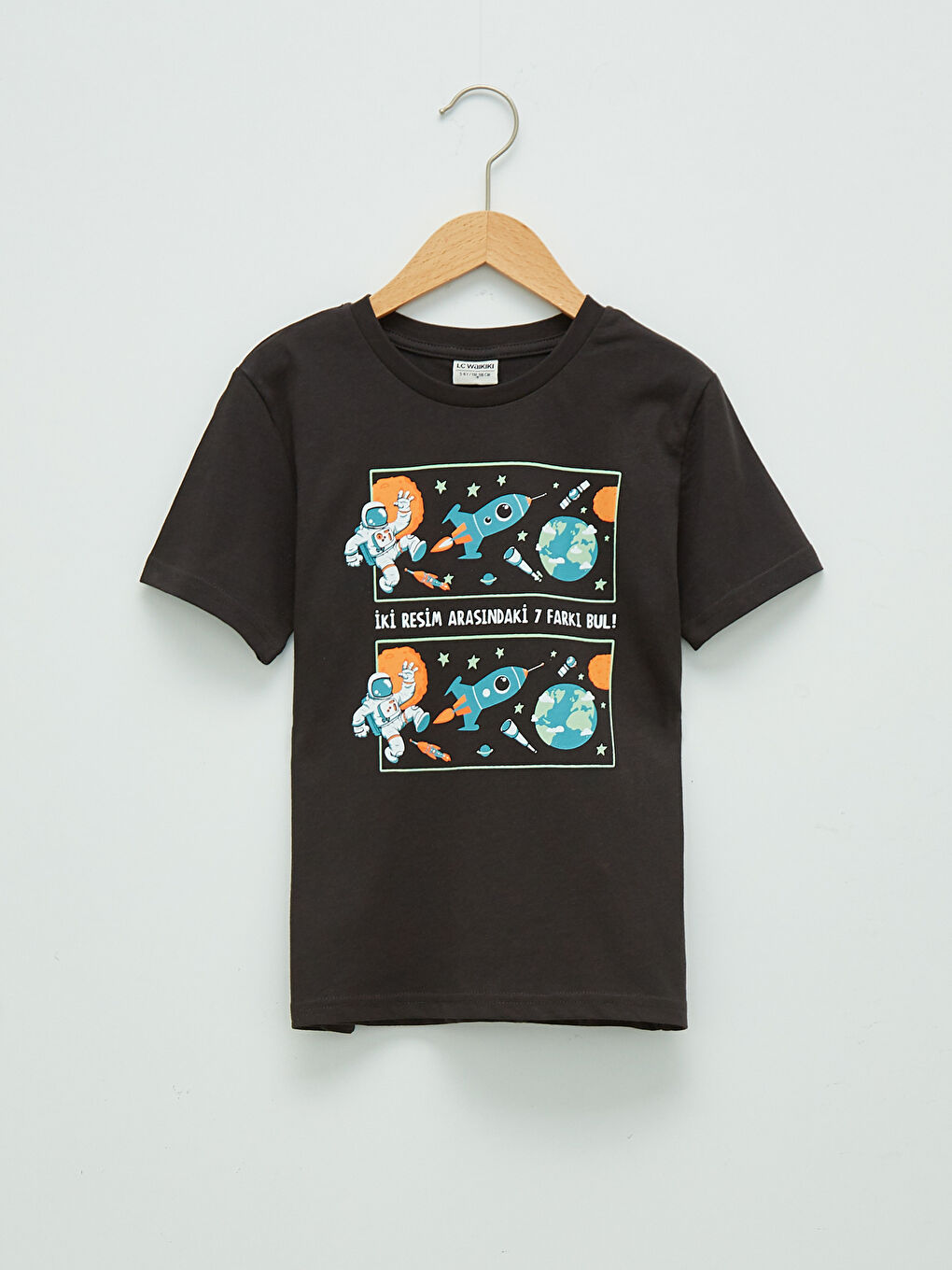Antrasit Bisiklet Yaka Baskılı Kısa Kollu Pamuklu Erkek Çocuk Tişört