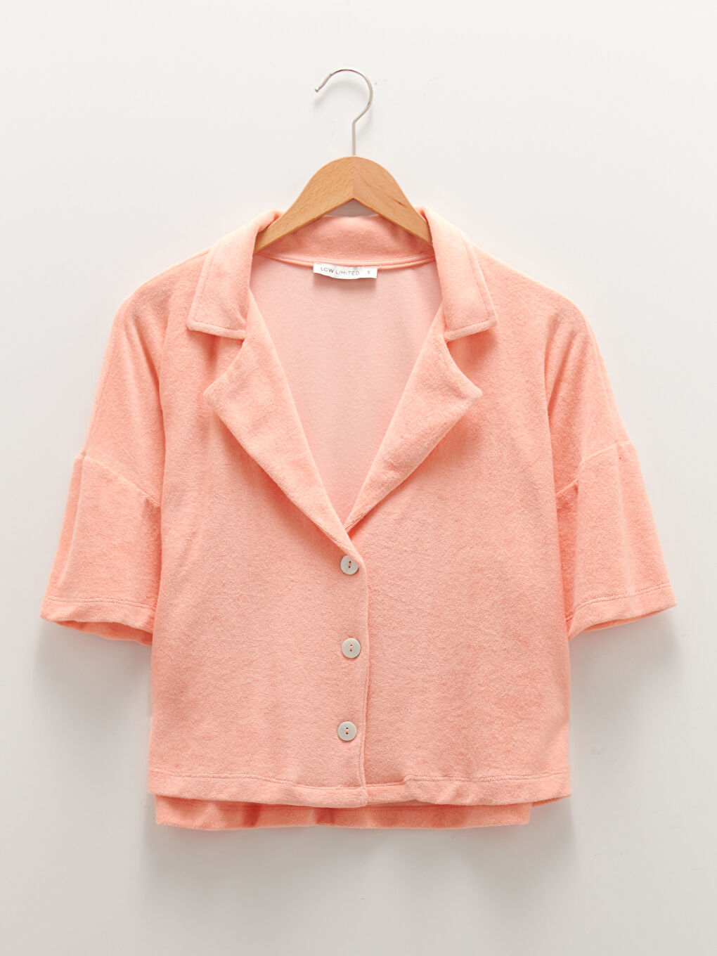 Mercan Gömlek Yaka Düz Kısa Kollu Havlu Kumaşı Kadın Ceket-5