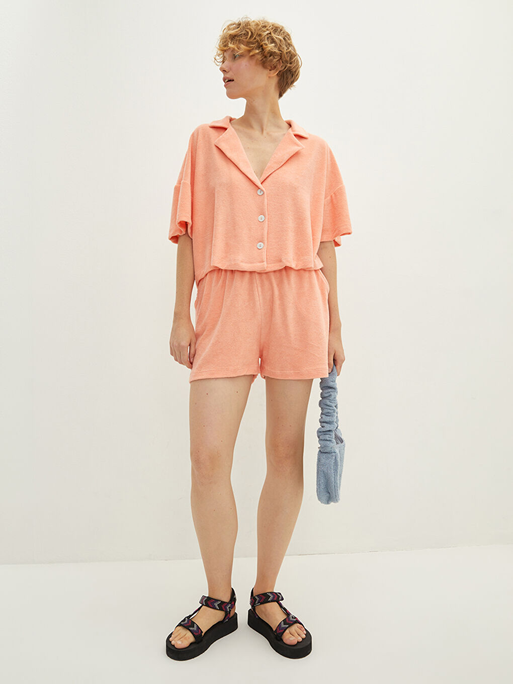 Mercan Gömlek Yaka Düz Kısa Kollu Havlu Kumaşı Kadın Ceket-2