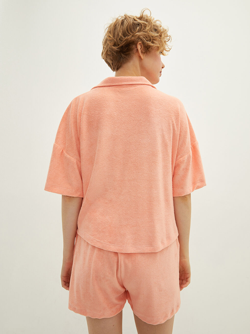 Mercan Gömlek Yaka Düz Kısa Kollu Havlu Kumaşı Kadın Ceket-4