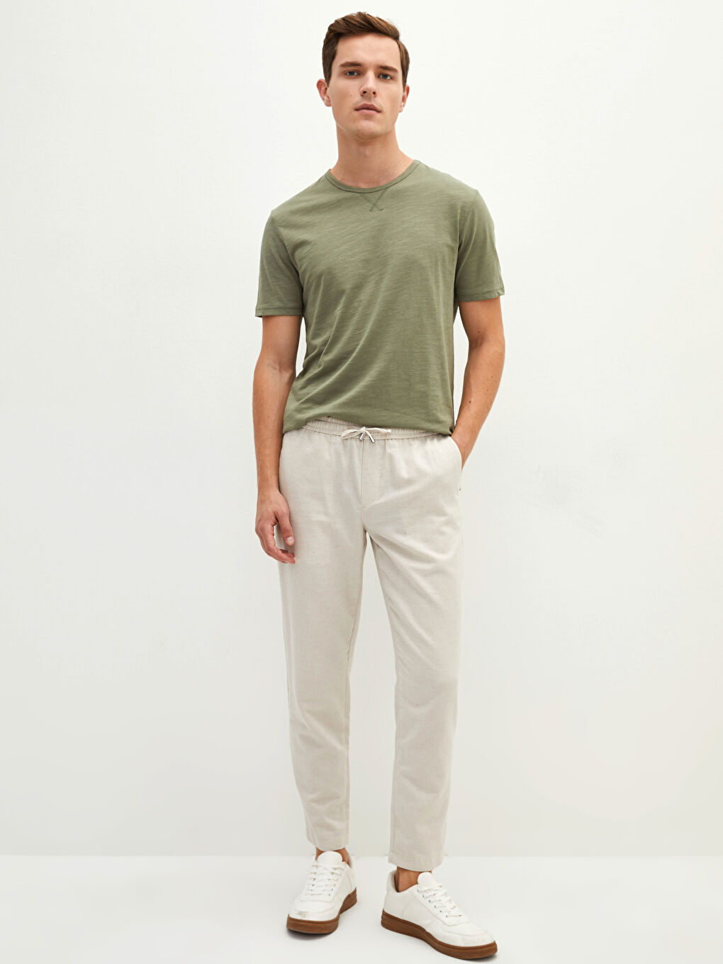 Haki Bisiklet Yaka Kısa Kollu Basic Penye Erkek Tişört-2