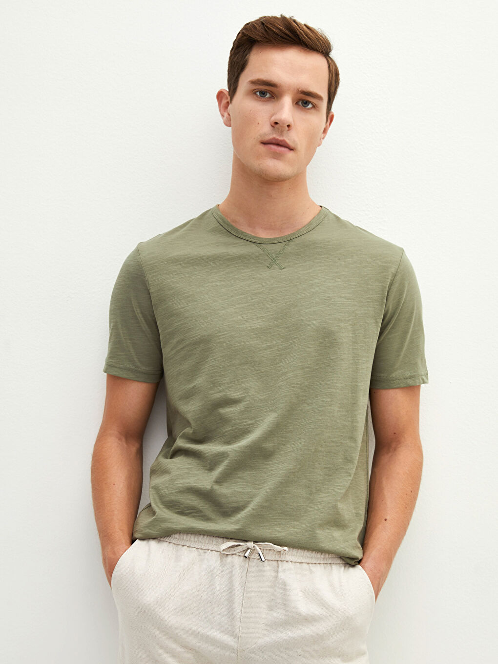 Haki Bisiklet Yaka Kısa Kollu Basic Penye Erkek Tişört