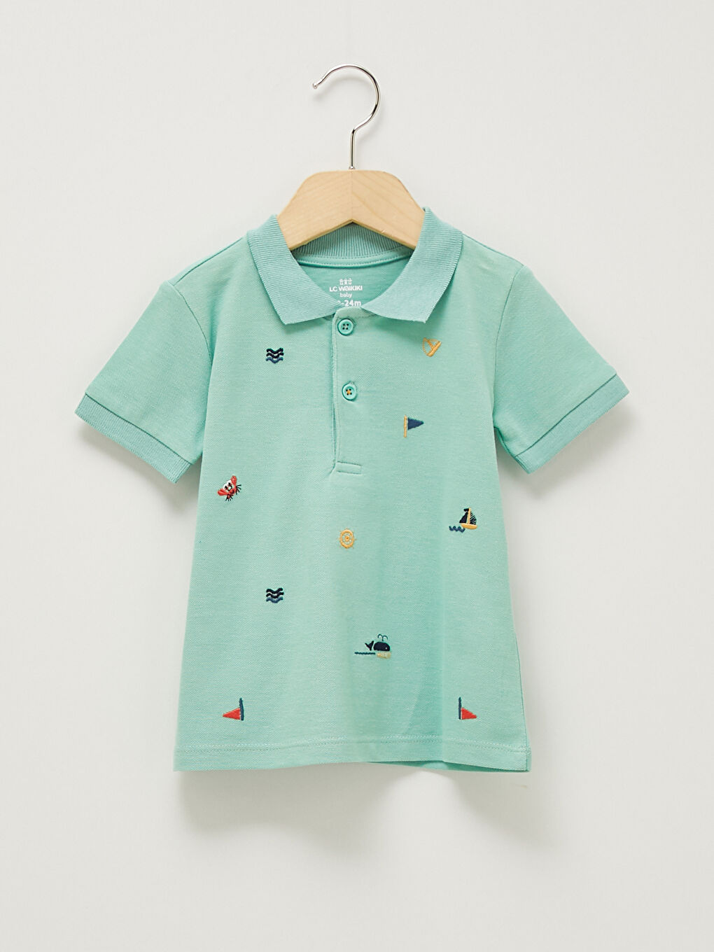 Yeşil Polo Yaka Kısa Kollu Nakış Detaylı Erkek Bebek Tişört