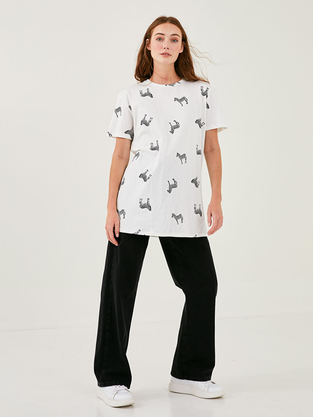 Tunika od pamuka sa okruglim izrezom, štampana, kratkih rukava za žene-3