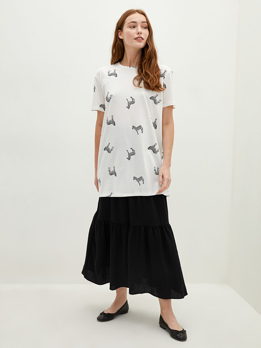 Tunika od pamuka sa okruglim izrezom, štampana, kratkih rukava za žene-1