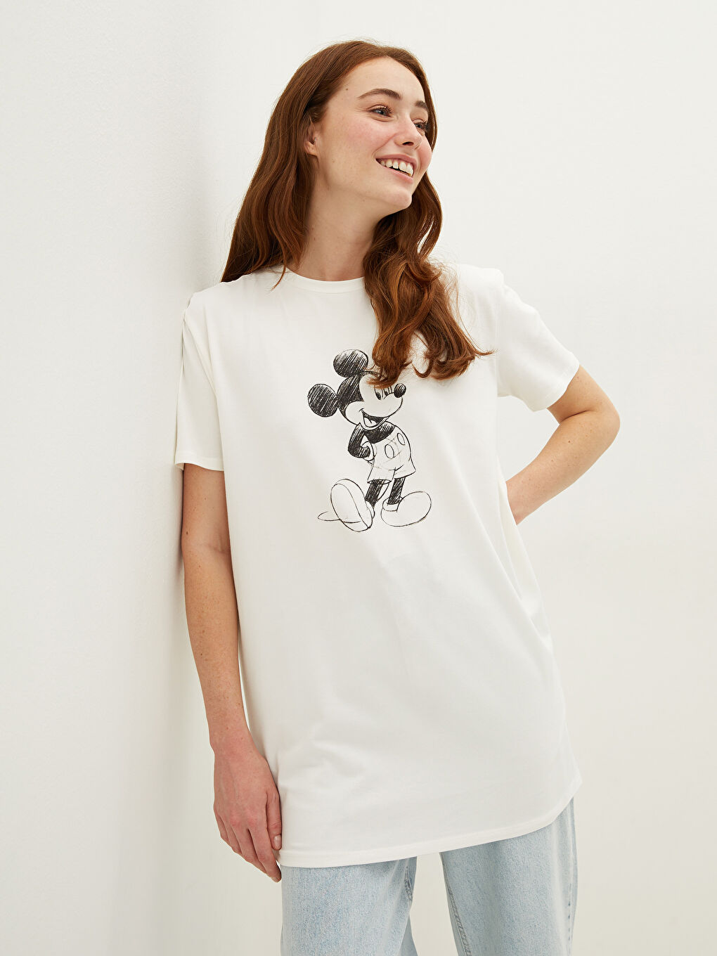 Crew Neck Mickey Mouse Printed Short Sleeve Women's Tunic