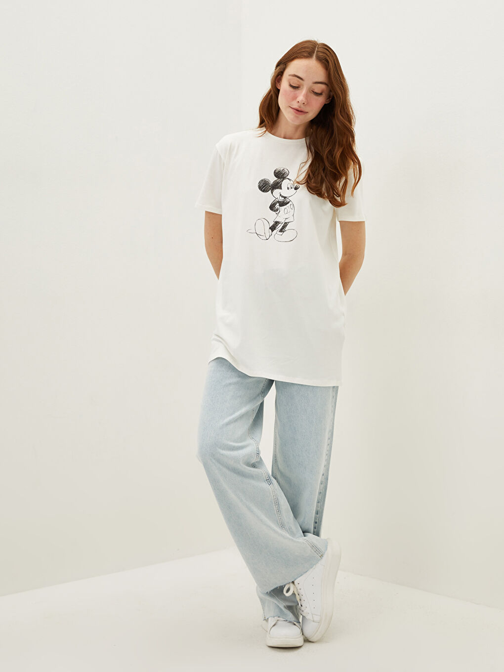 Crew Neck Mickey Mouse Printed Short Sleeve Women's Tunic-2