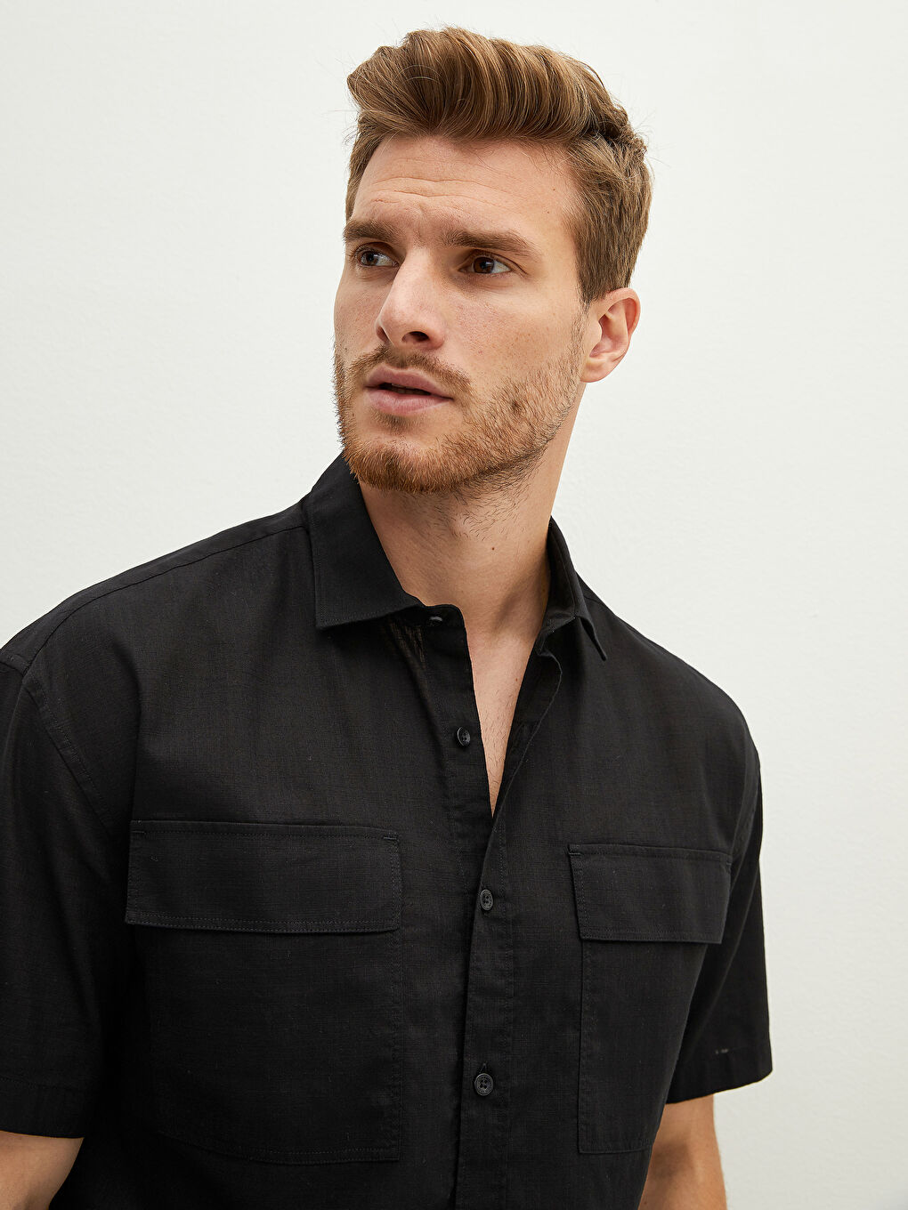 Siyah Slim Fit Kısa Kollu Pamuklu Erkek Gömlek-2