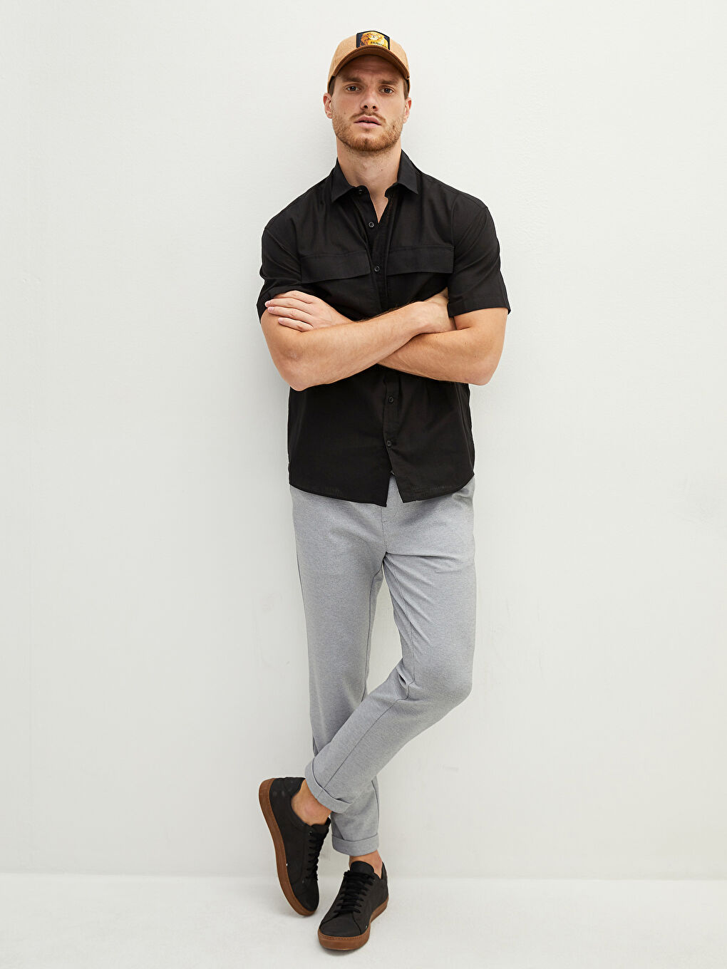 Siyah Slim Fit Kısa Kollu Pamuklu Erkek Gömlek-3