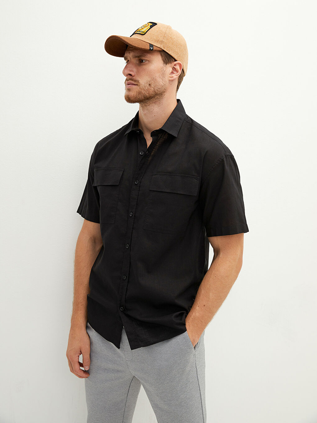 Siyah Slim Fit Kısa Kollu Pamuklu Erkek Gömlek