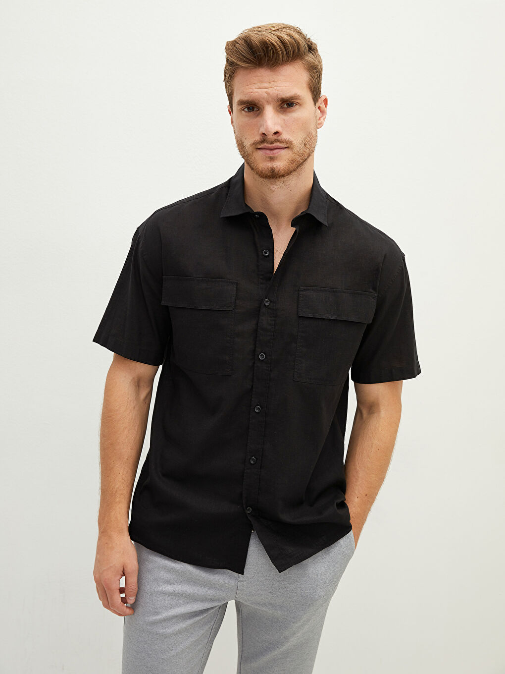 Siyah Slim Fit Kısa Kollu Pamuklu Erkek Gömlek-1