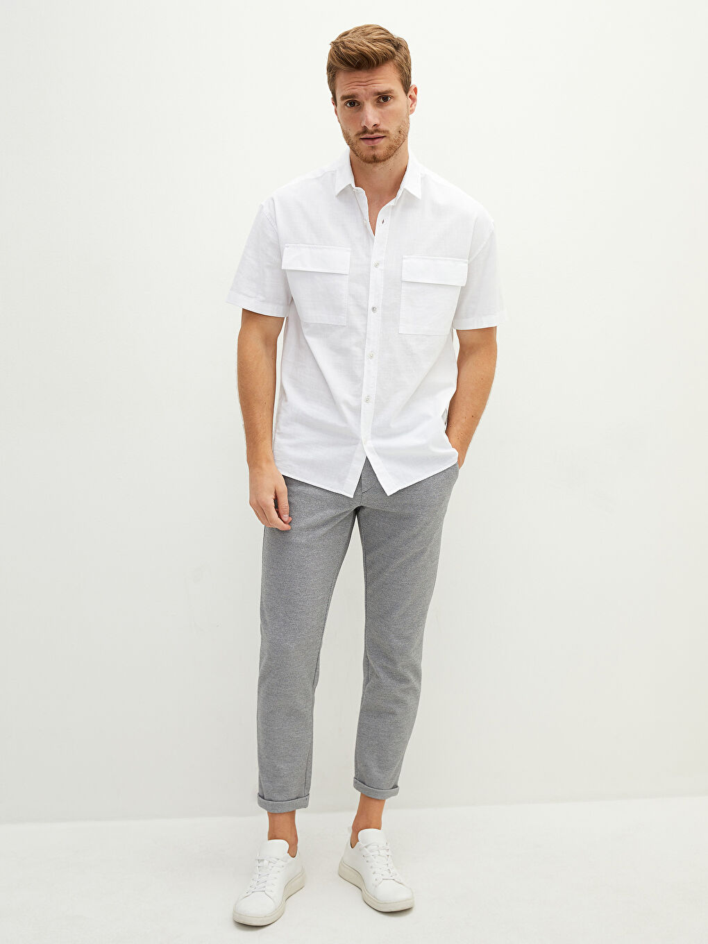 Beyaz Slim Fit Kısa Kollu Pamuklu Erkek Gömlek-3