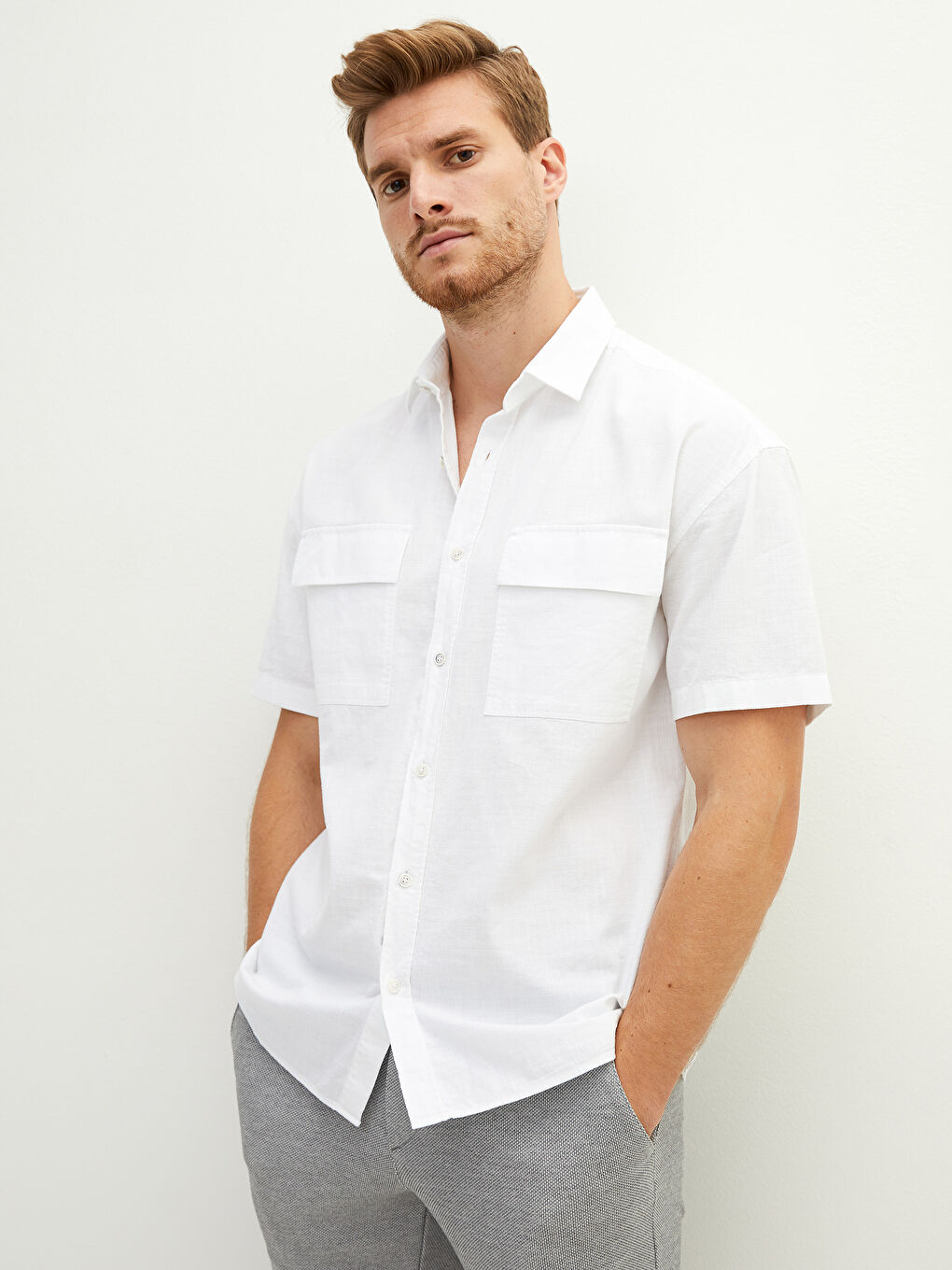 Beyaz Slim Fit Kısa Kollu Pamuklu Erkek Gömlek-1