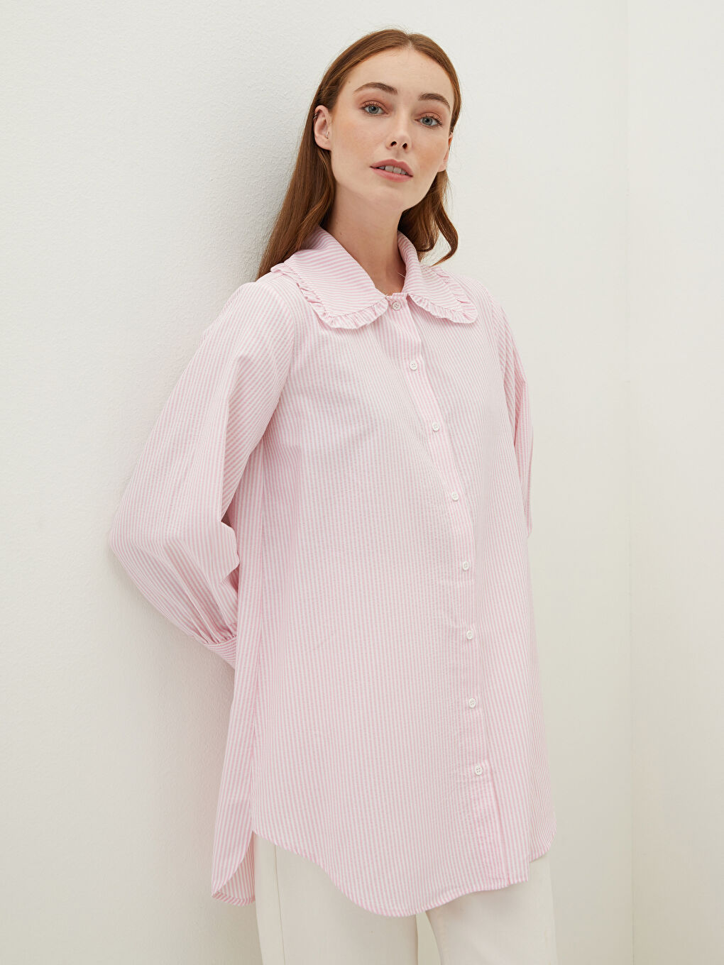 Baby Collar Striped Long-Sleeved Seerescent Fabric Women's Tunic-1