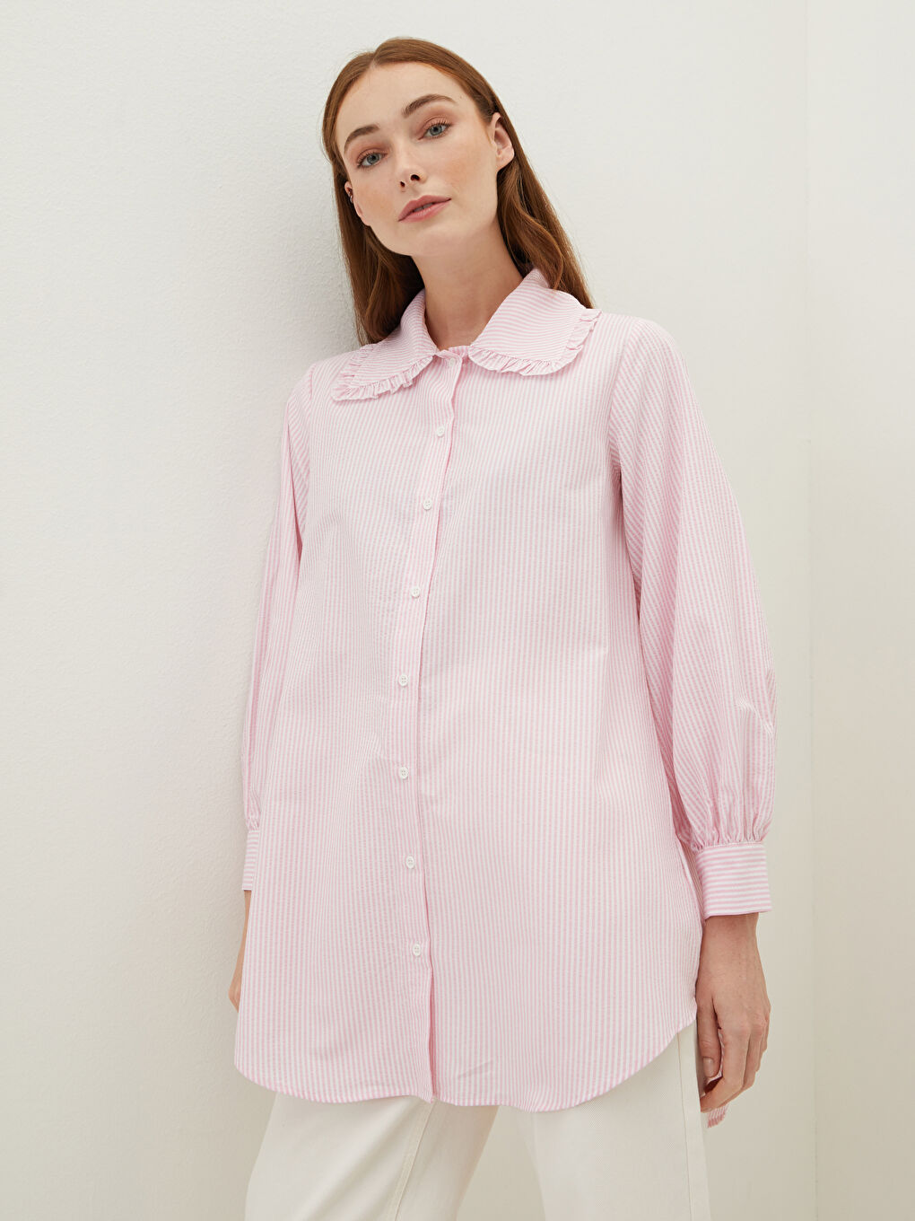 Baby Collar Striped Long-Sleeved Seerescent Fabric Women's Tunic-2