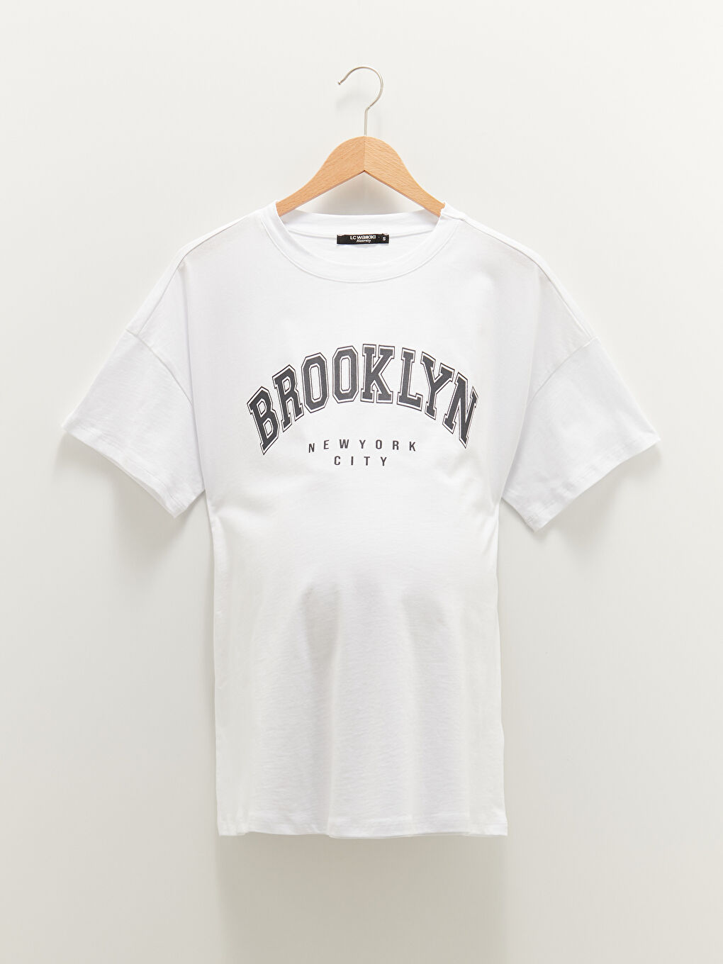 Beyaz Bisiklet Yaka Baskılı Kısa Kollu Pamuklu Hamile Tişört-5