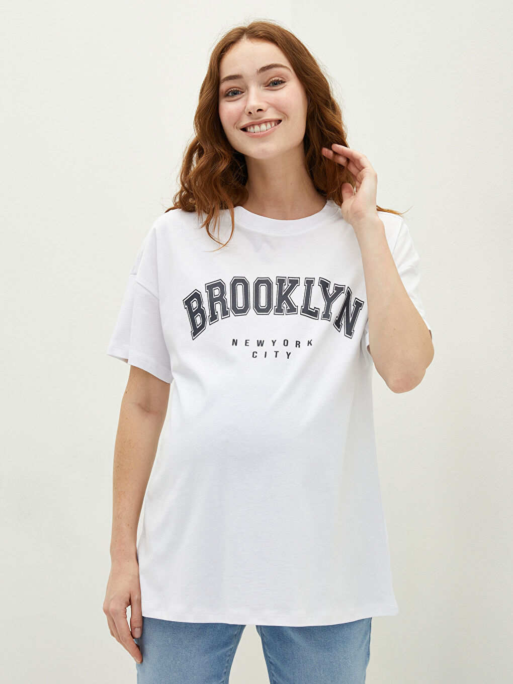 Beyaz Bisiklet Yaka Baskılı Kısa Kollu Pamuklu Hamile Tişört-2