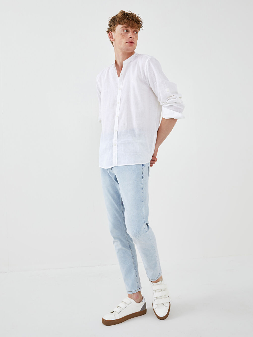 Slim Fit Grandad Collar Long Sleeve Men's Shirt-4