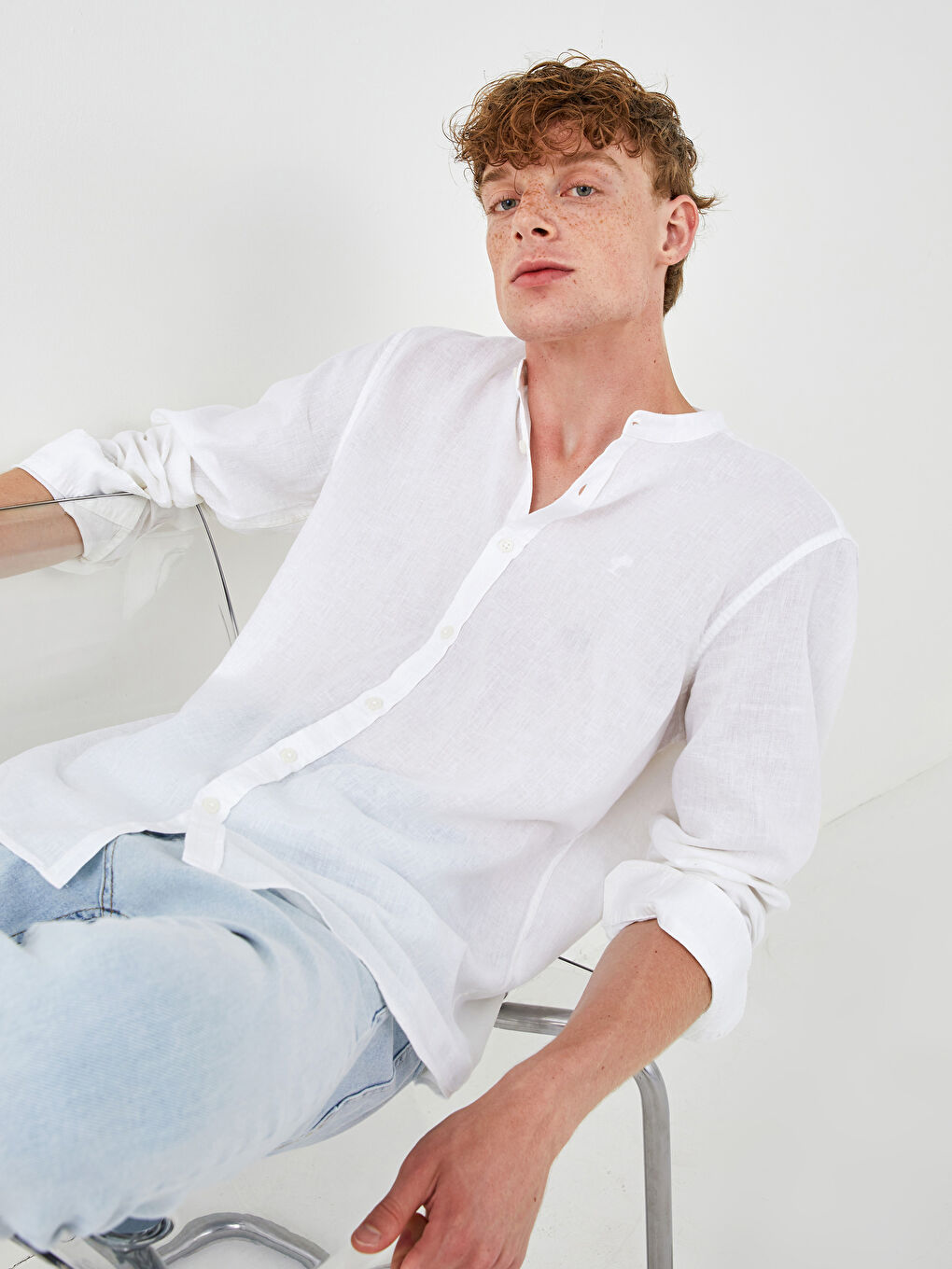 Slim Fit Grandad Collar Long Sleeve Men's Shirt