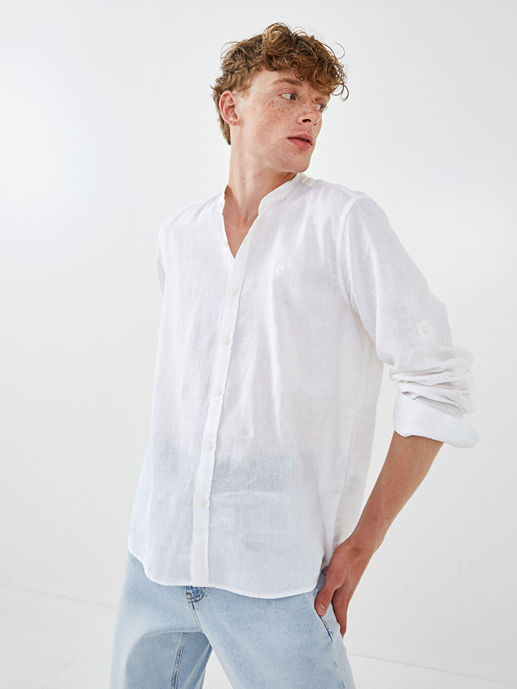 Slim Fit Grandad Collar Long Sleeve Men's Shirt-1