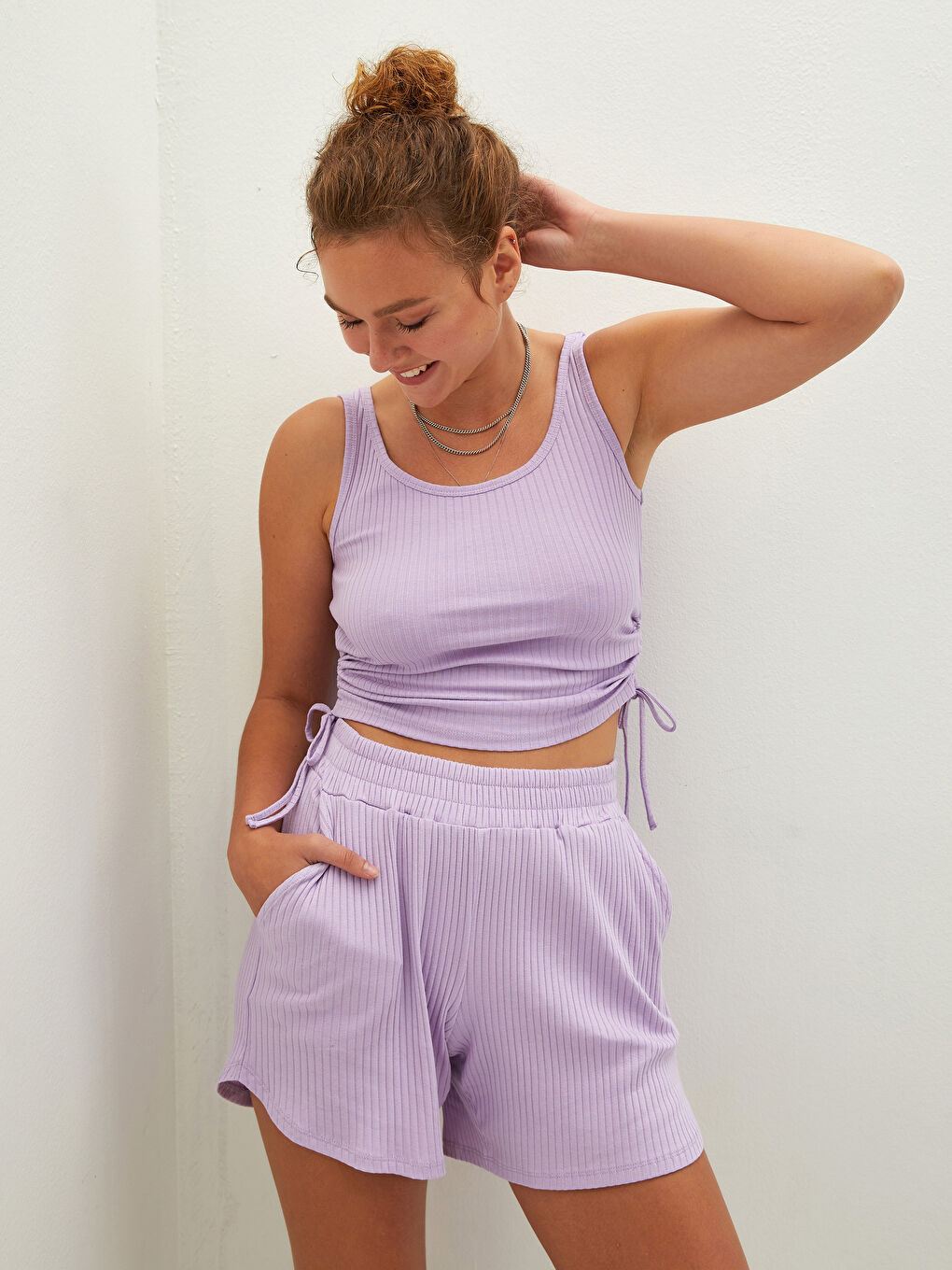 Lila U Yaka Düz Büzgü Detaylı Pamuklu Kadın Atlet-1