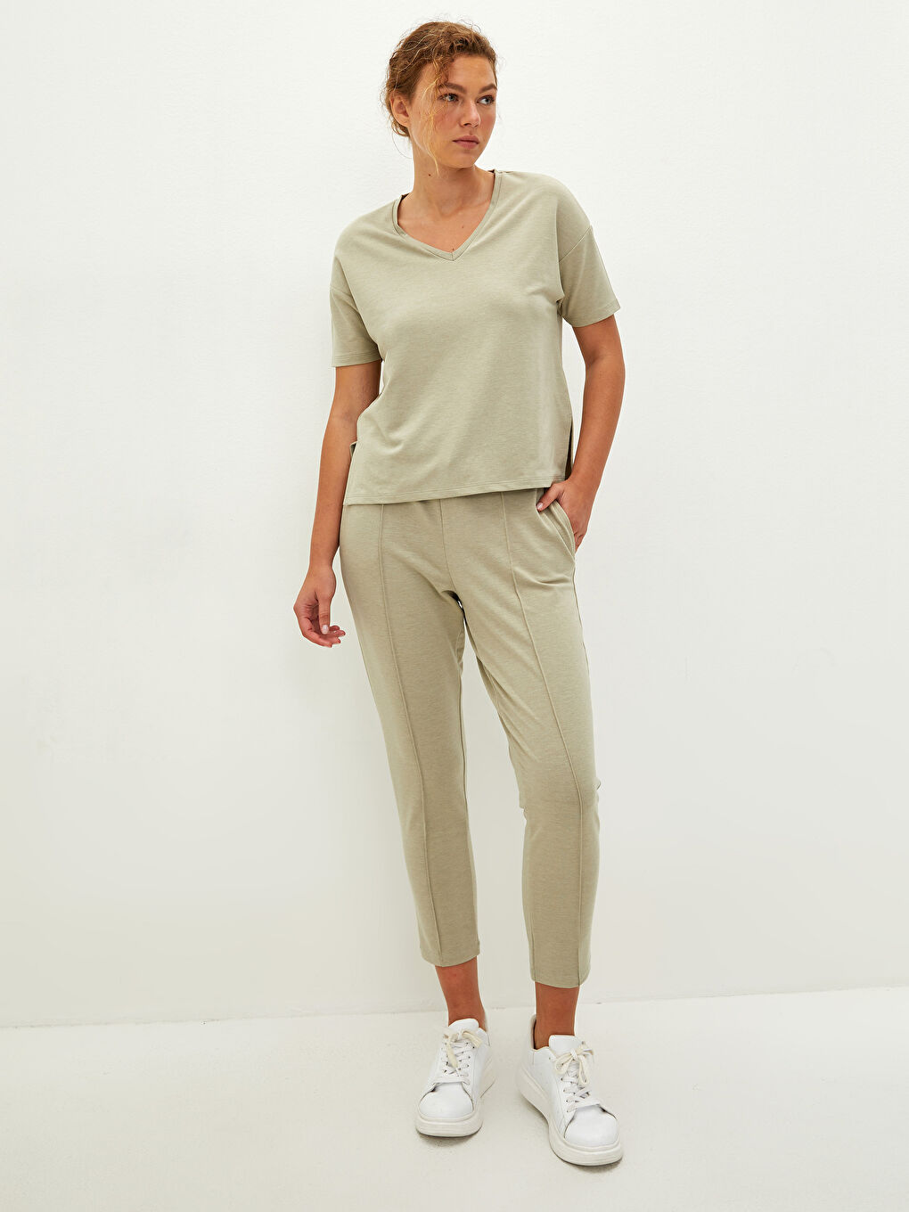 LCW Vision V-Neck Straight Short Sleeve Women's Crop -S1LR35Z8-GHY