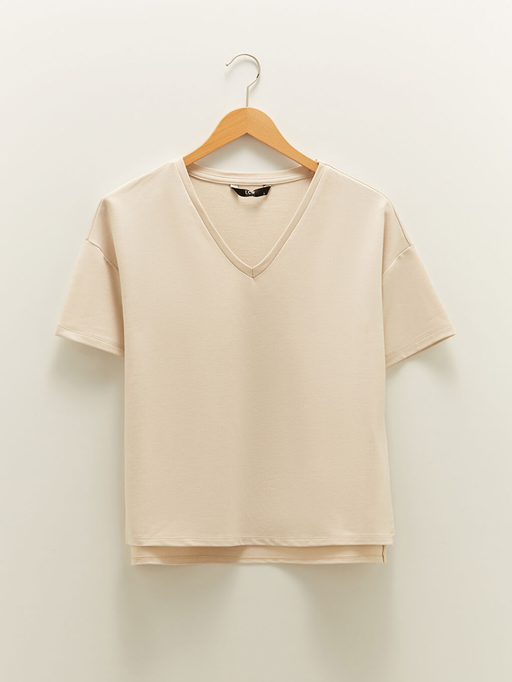 Gri V Yaka Düz Kısa Kollu Kadın Crop-5