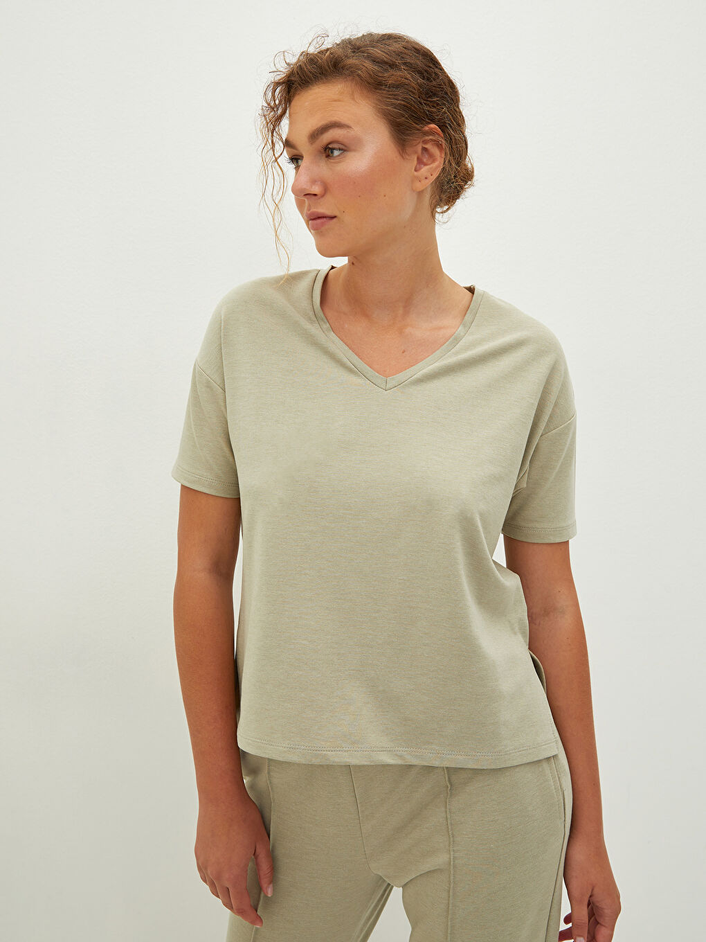 LCW Vision V-Neck Straight Short Sleeve Women's Crop -S1LR35Z8-GHY