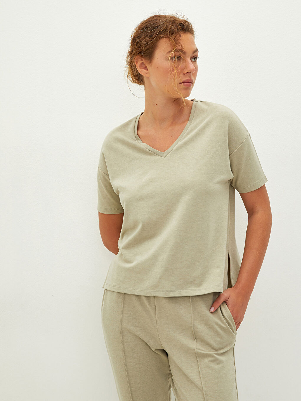 LCW Vision V-Neck Straight Short Sleeve Women's Crop -S1LR35Z8-GHY
