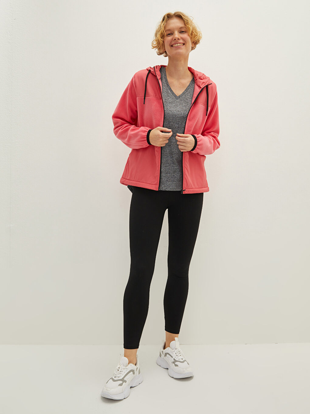 Pembe Kapüşonlu Düz Uzun Kollu Kadın Outdoor Mont-3