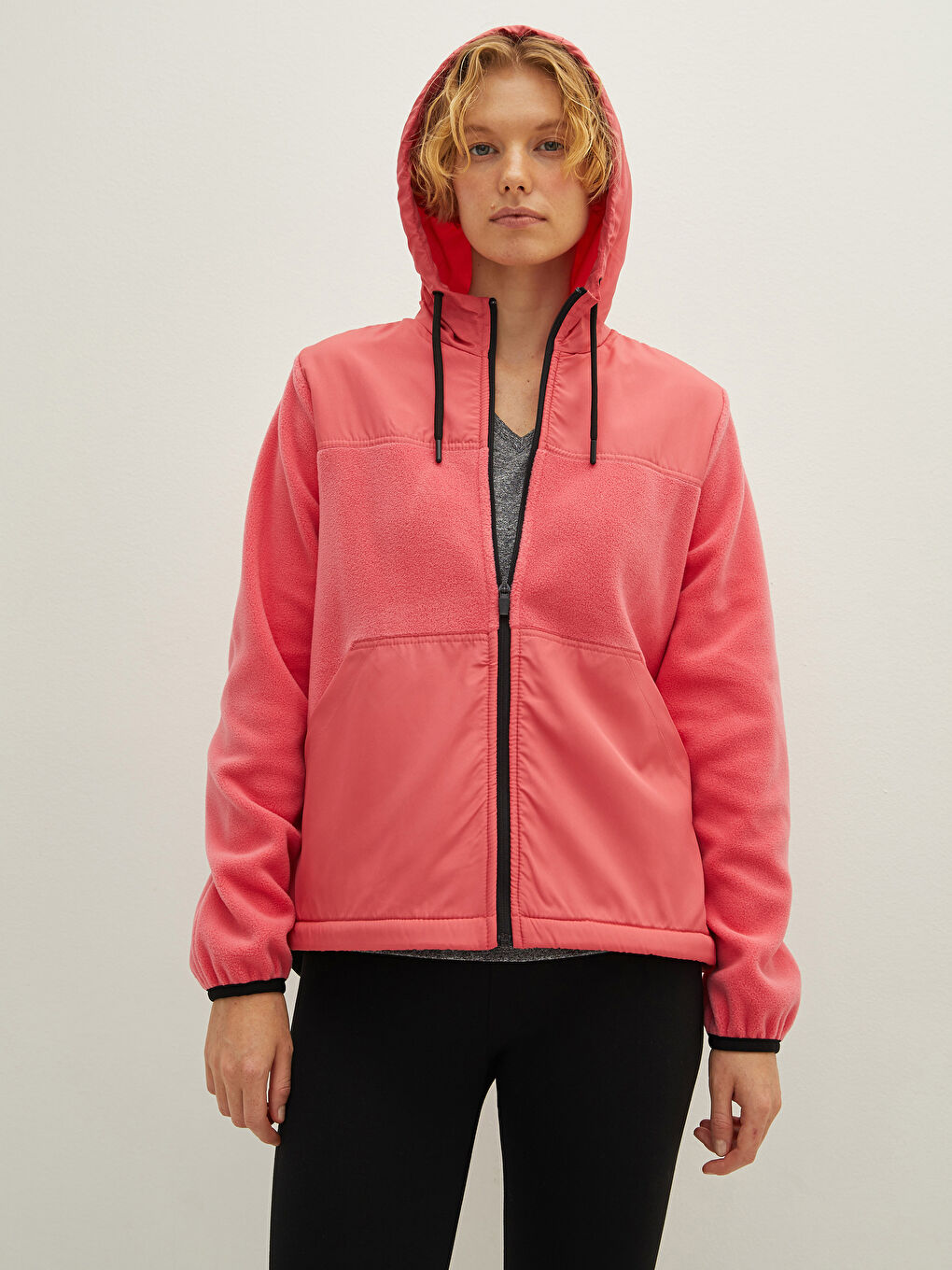 Pembe Kapüşonlu Düz Uzun Kollu Kadın Outdoor Mont-1