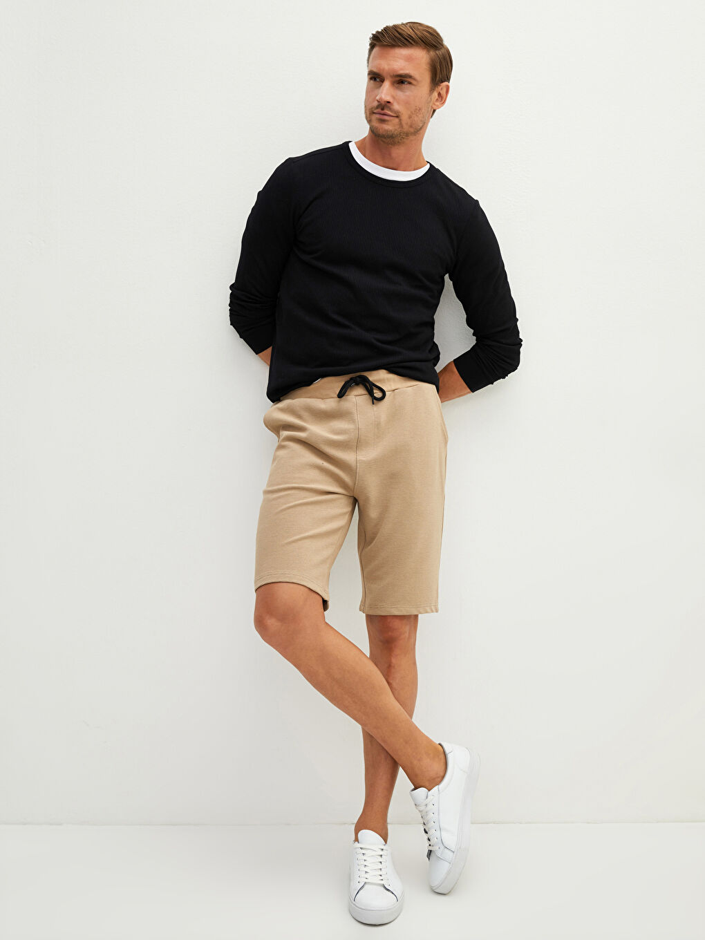 Bej Standart Kalıp Örme Erkek Şort-2
