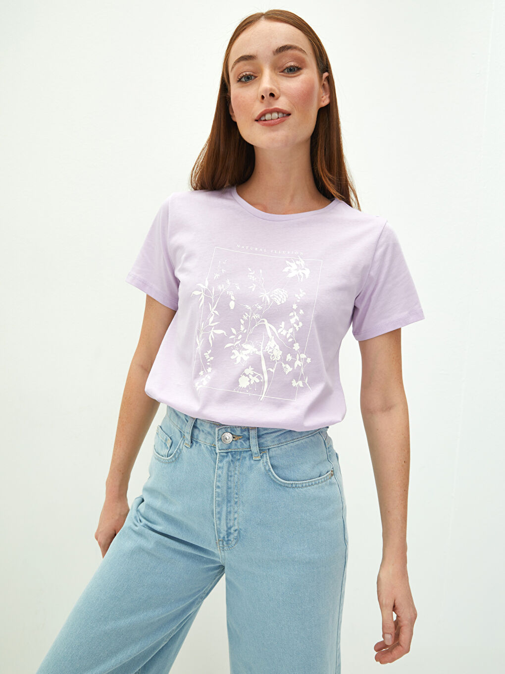 Lila Bisiklet Yaka Baskılı Kısa Kollu Pamuklu Kadın Tişört-1