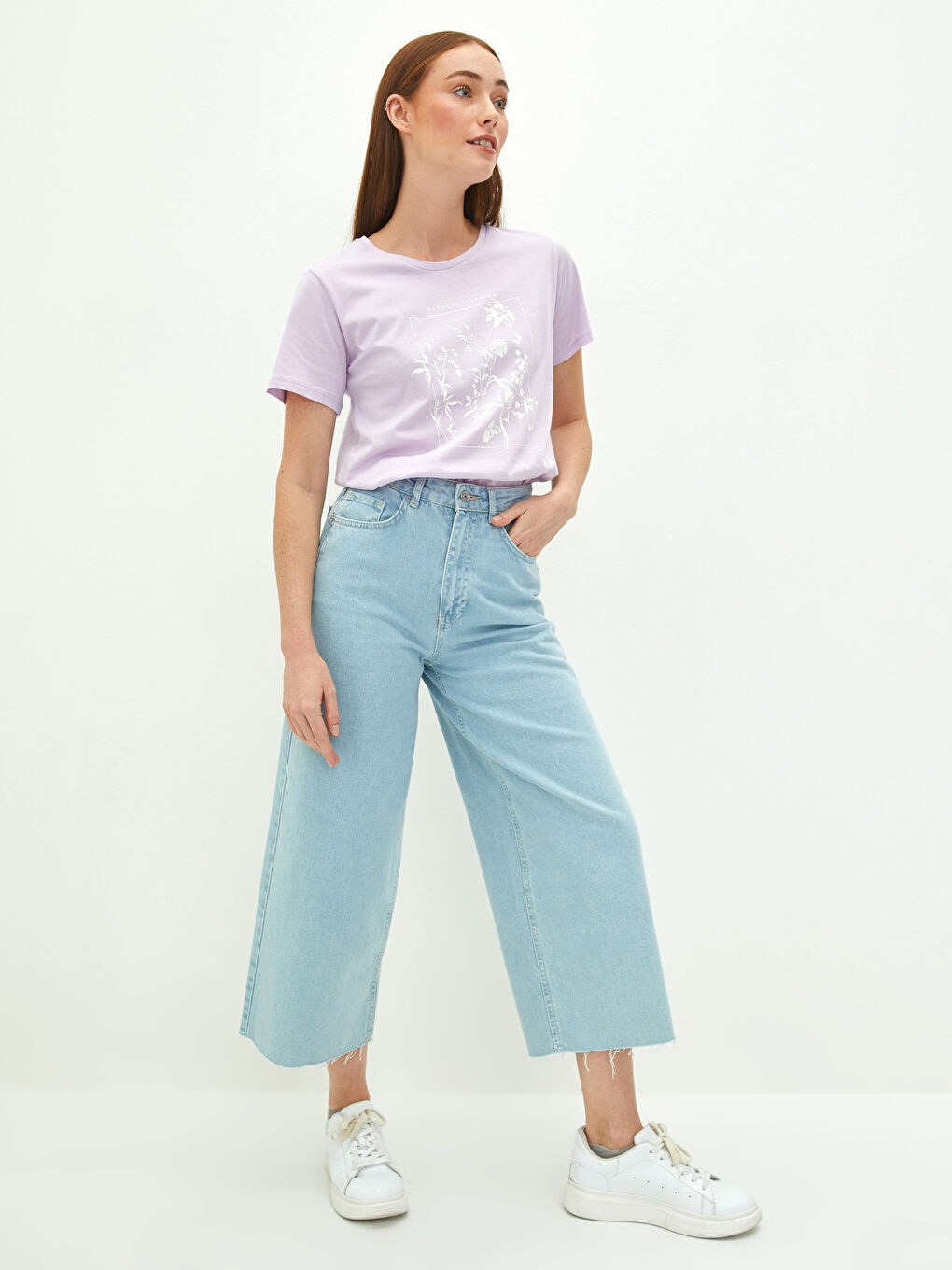 Lila Bisiklet Yaka Baskılı Kısa Kollu Pamuklu Kadın Tişört-2