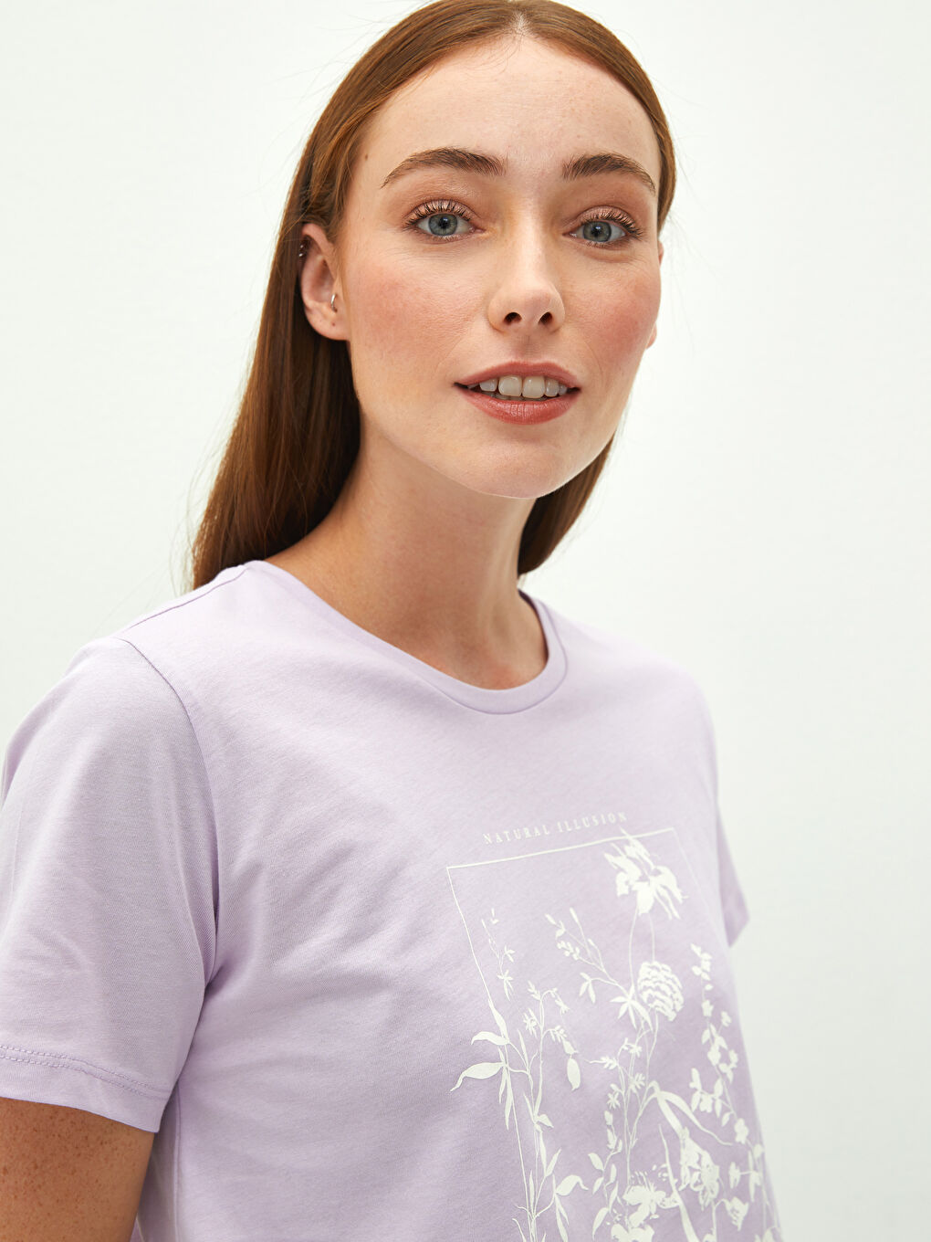 Lila Bisiklet Yaka Baskılı Kısa Kollu Pamuklu Kadın Tişört-3