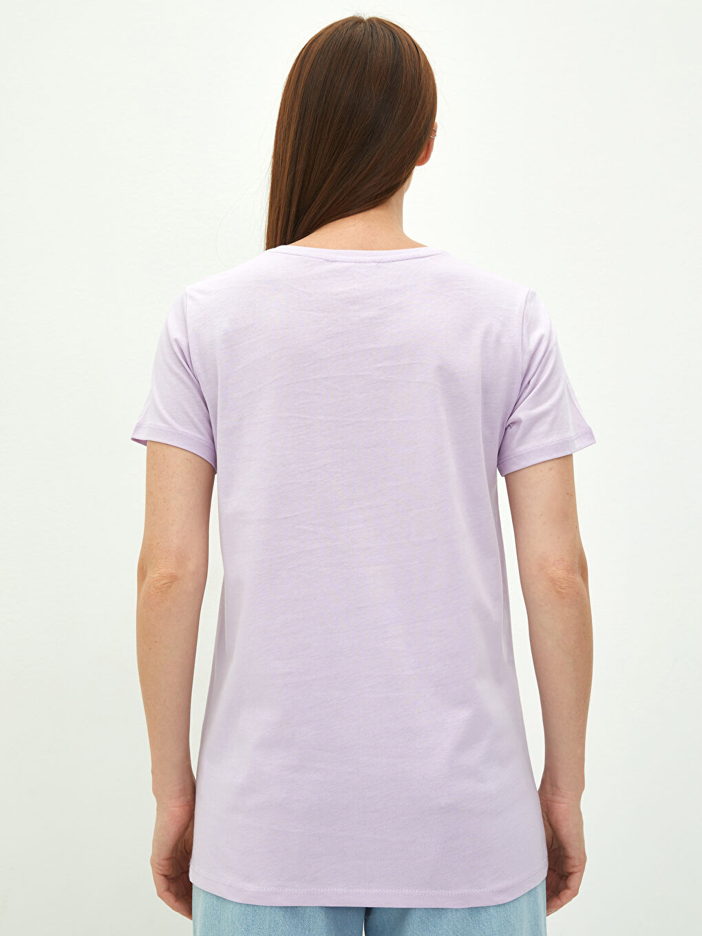 Lila Bisiklet Yaka Baskılı Kısa Kollu Pamuklu Kadın Tişört-4