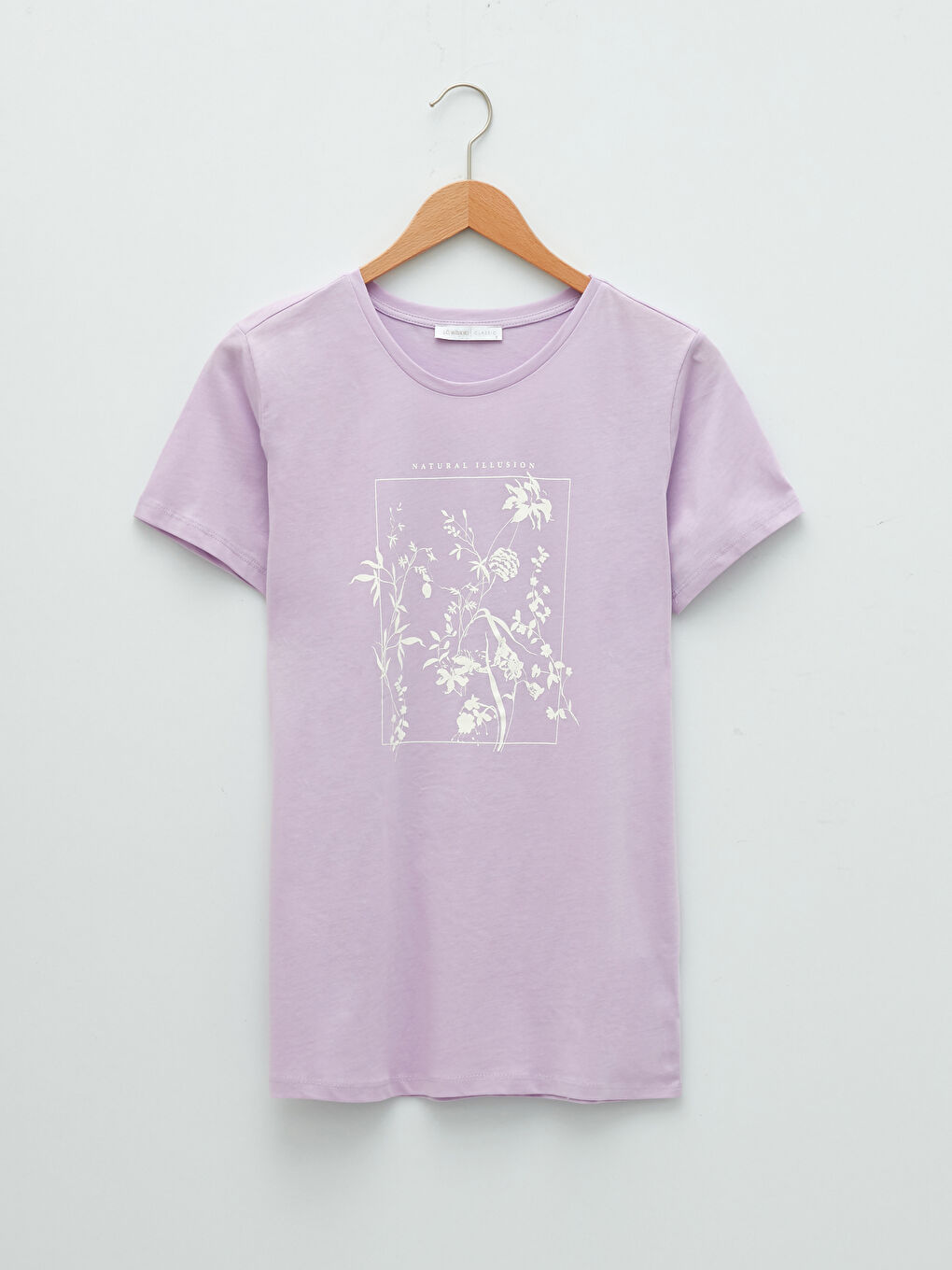 Lila Bisiklet Yaka Baskılı Kısa Kollu Pamuklu Kadın Tişört-5