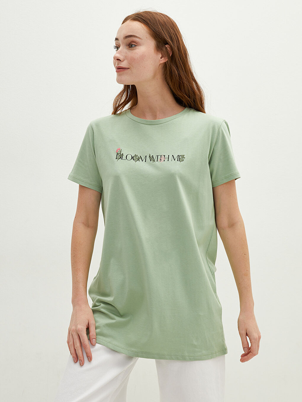 Crew Neck Embroidered Short Sleeve Cotton Women's Tunic