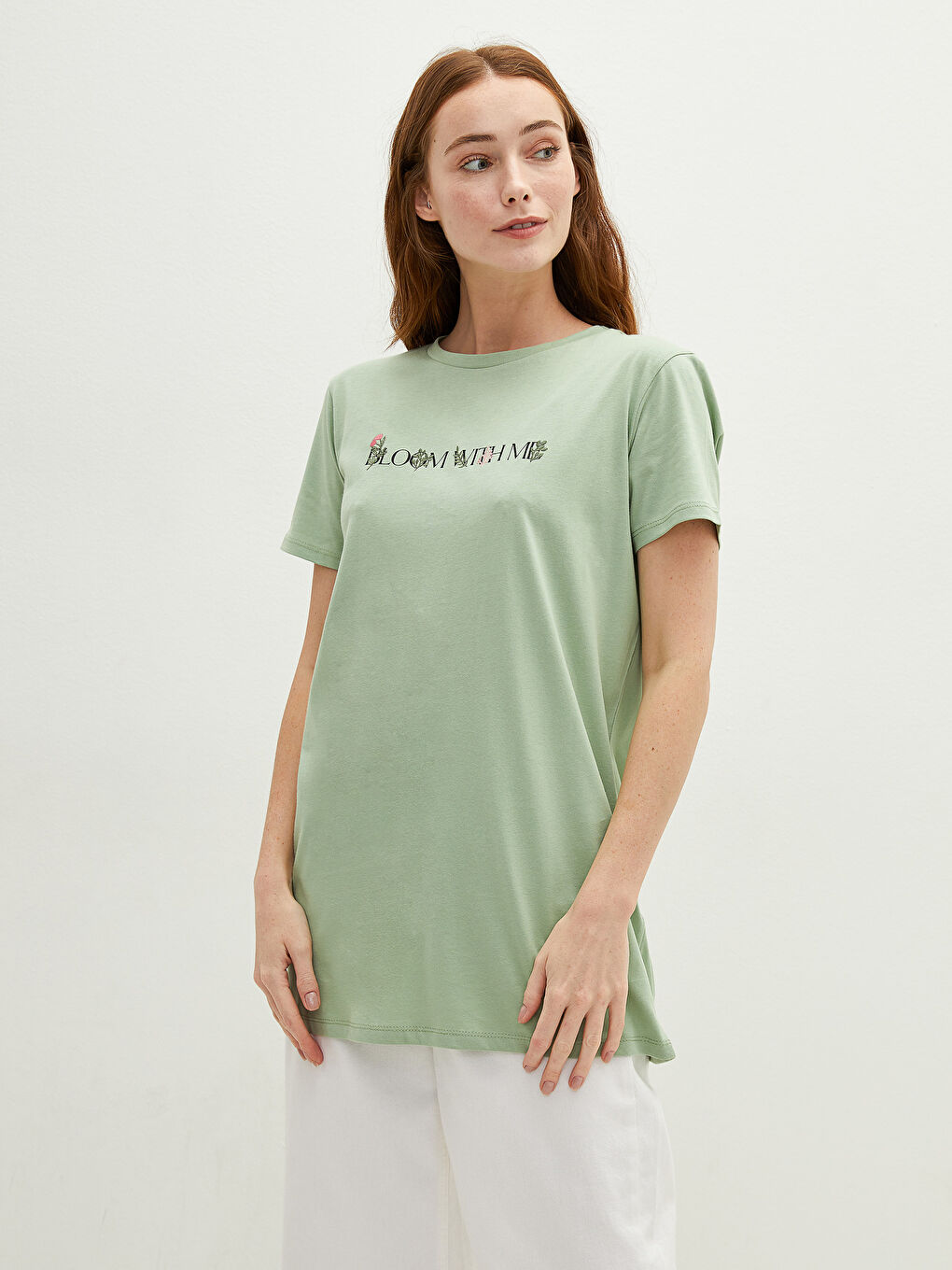 Crew Neck Embroidered Short Sleeve Cotton Women's Tunic-1