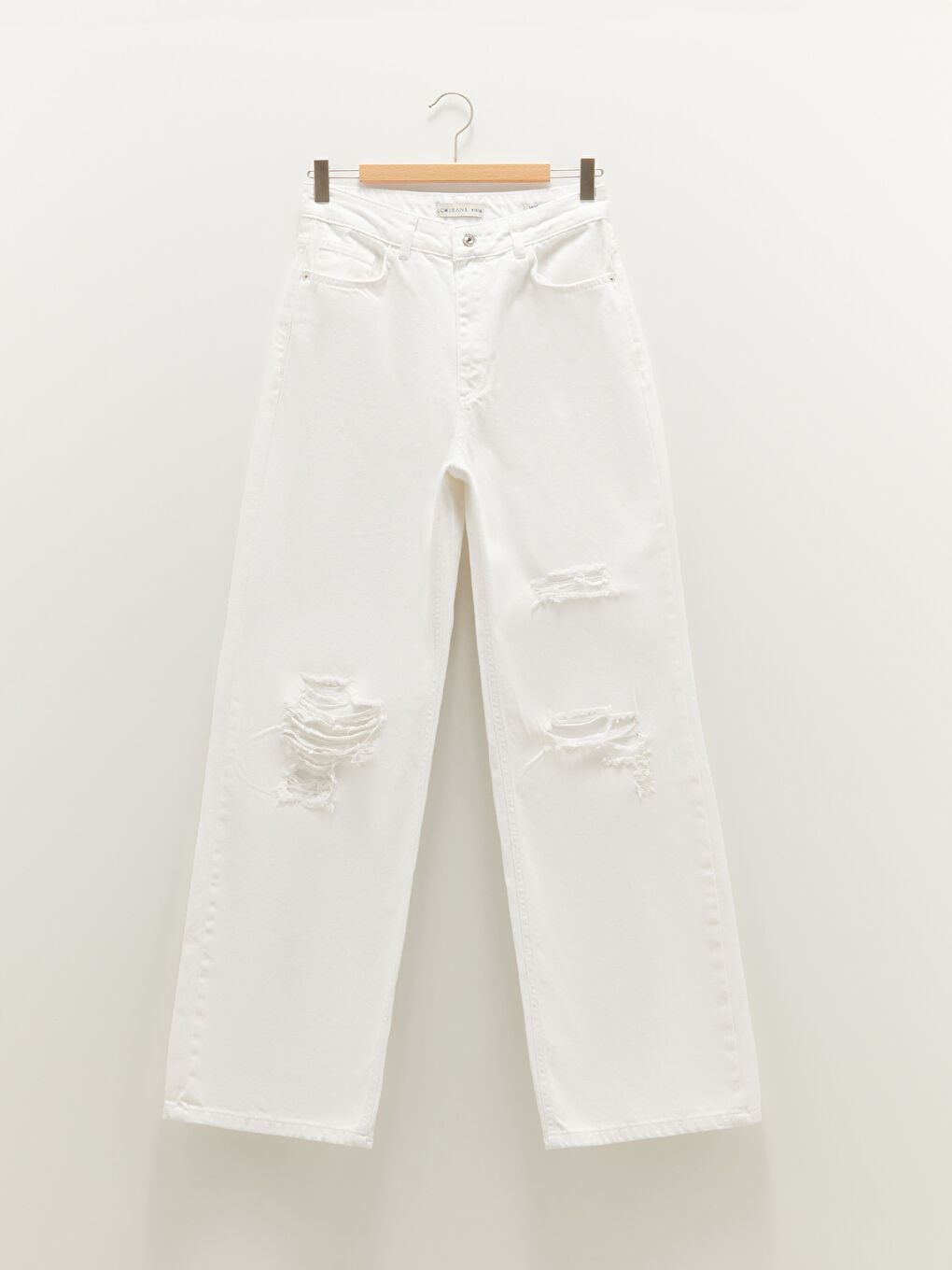 Beyaz Yüksek Bel Wideleg Yırtık Detaylı Kadın Rodeo Jean Pantolon-6