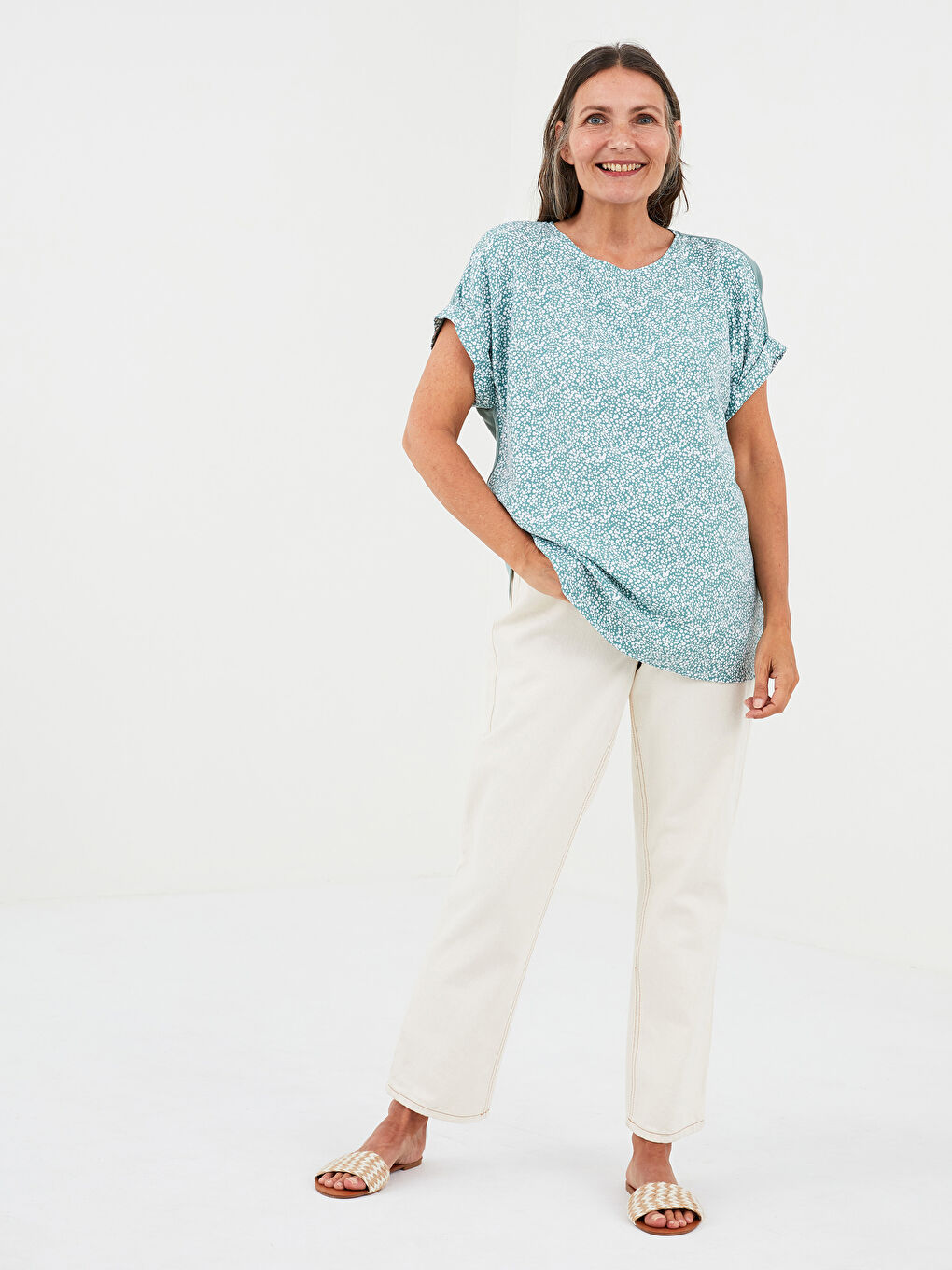 Crew Neck Patterned Short Sleeve Women's Blouse-3