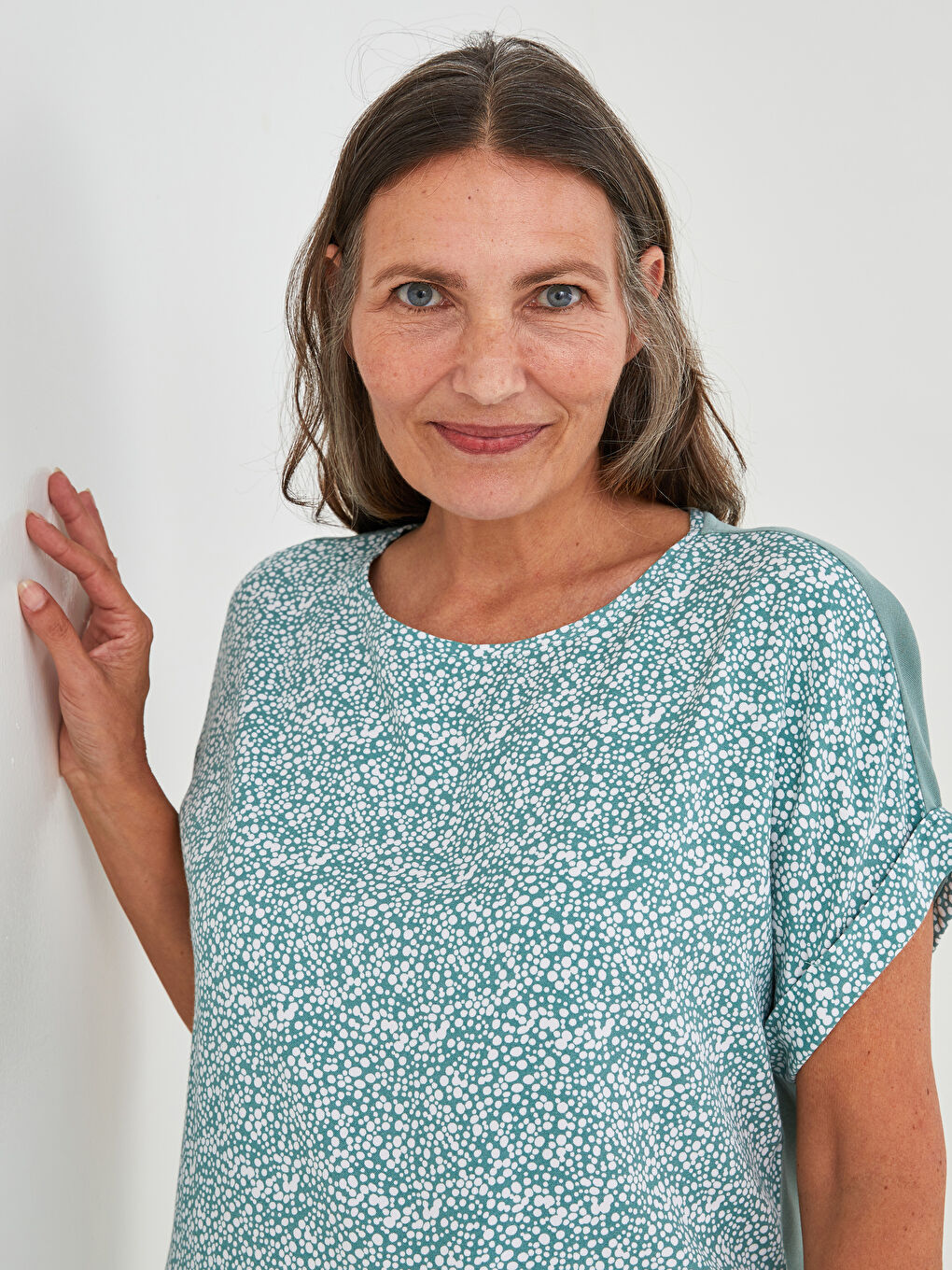 Crew Neck Patterned Short Sleeve Women's Blouse