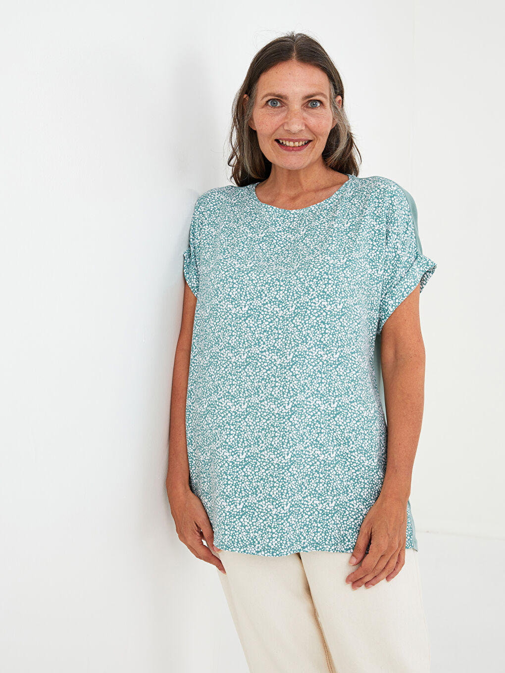 Crew Neck Patterned Short Sleeve Women's Blouse-1