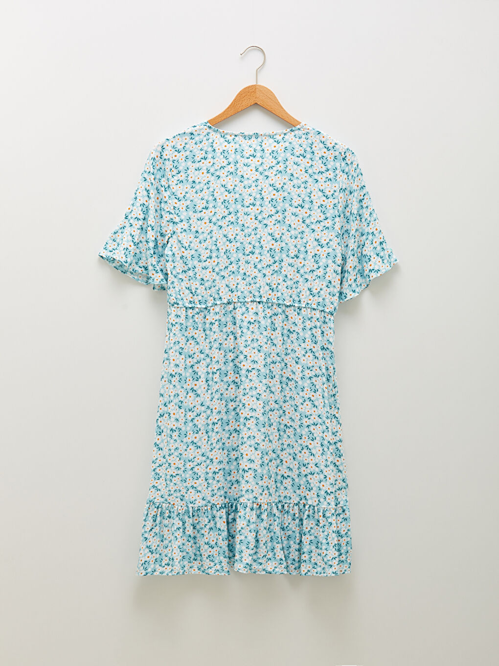 Mavi Kruvaze Yaka Çiçekli Kısa Kollu Viskon Kadın Elbise-1