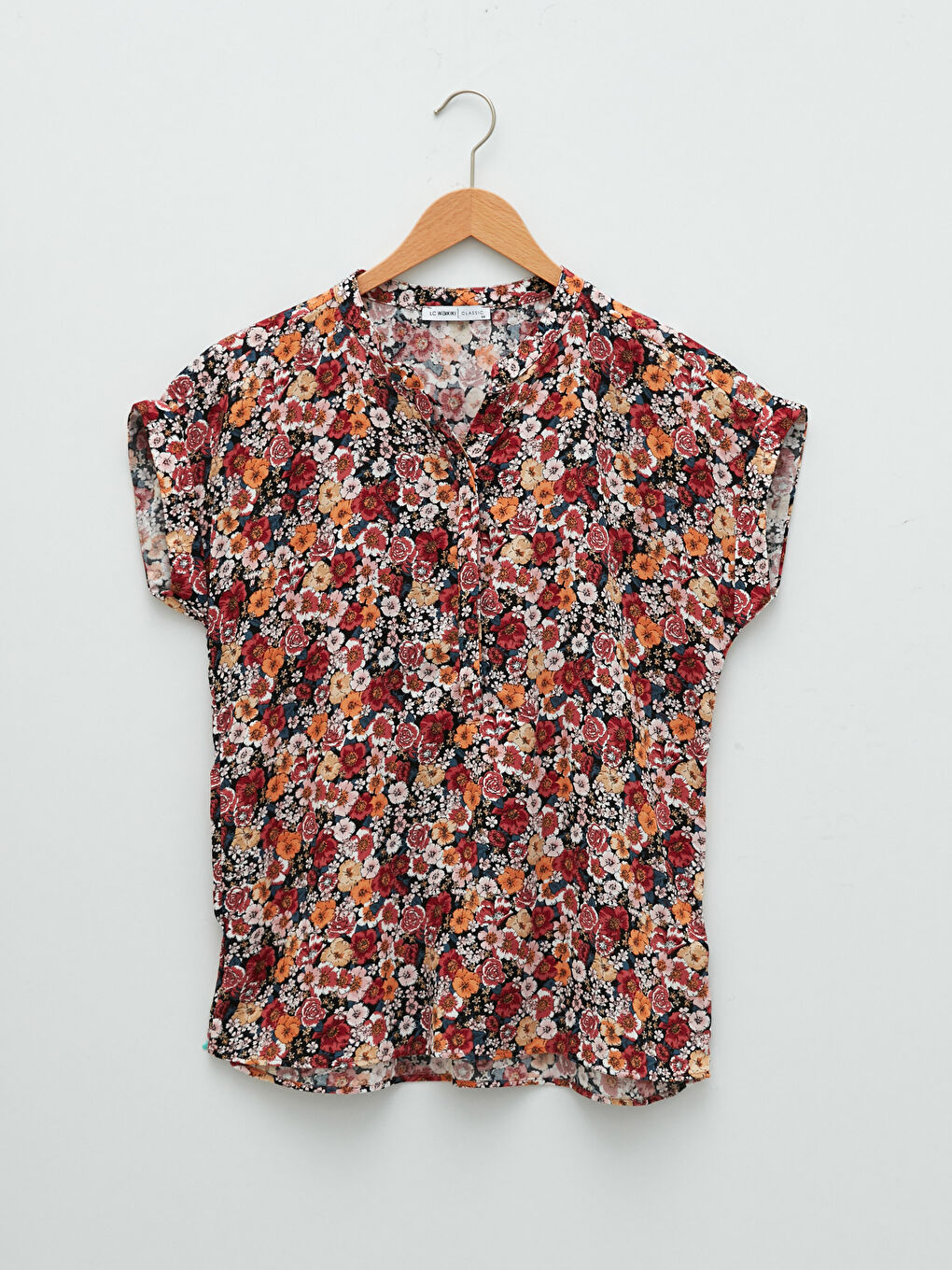 Turtleneck Floral Printed Short Sleeve Viscose Women's Blouse-5