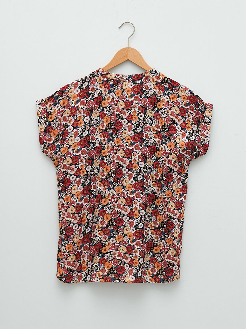 Turtleneck Floral Printed Short Sleeve Viscose Women's Blouse-6