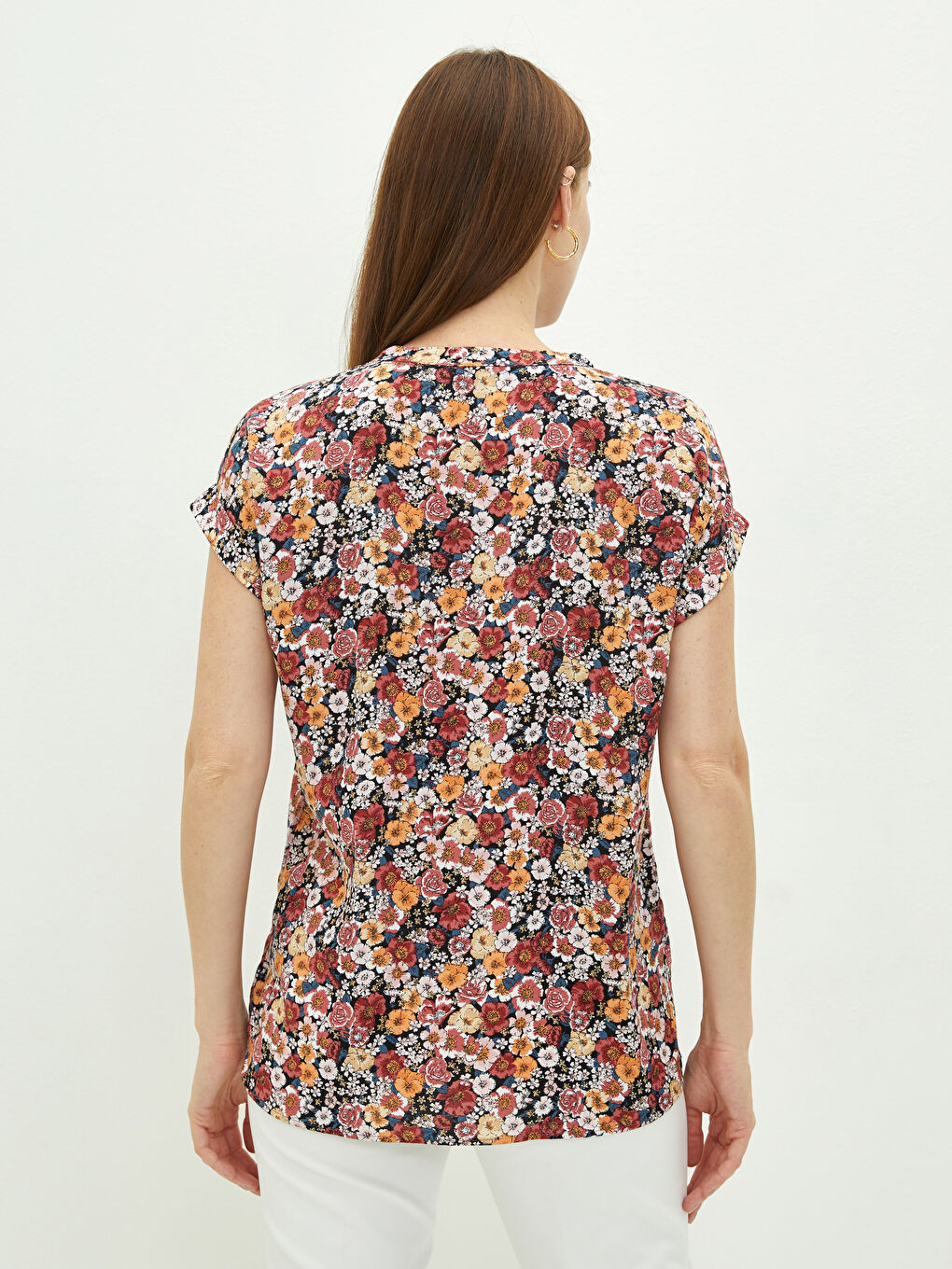 Turtleneck Floral Printed Short Sleeve Viscose Women's Blouse-4