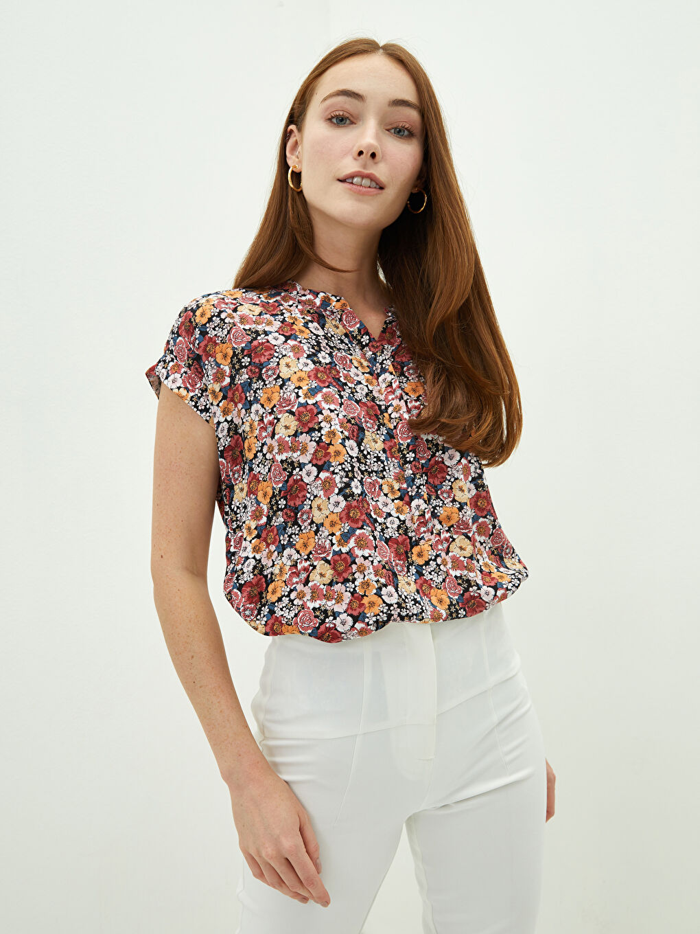 Turtleneck Floral Printed Short Sleeve Viscose Women's Blouse