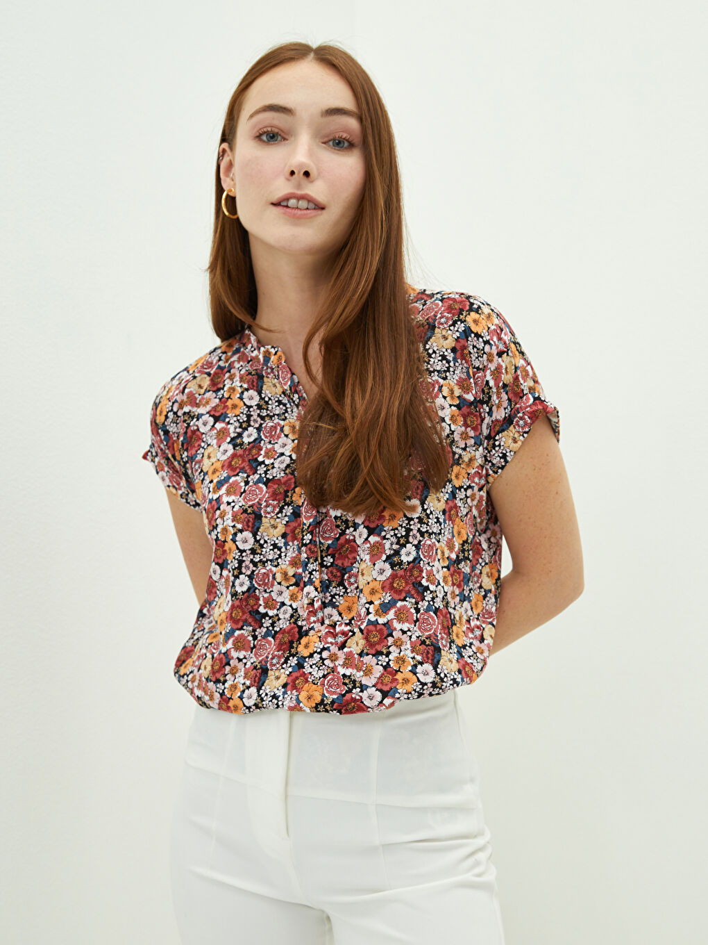 Turtleneck Floral Printed Short Sleeve Viscose Women's Blouse-1